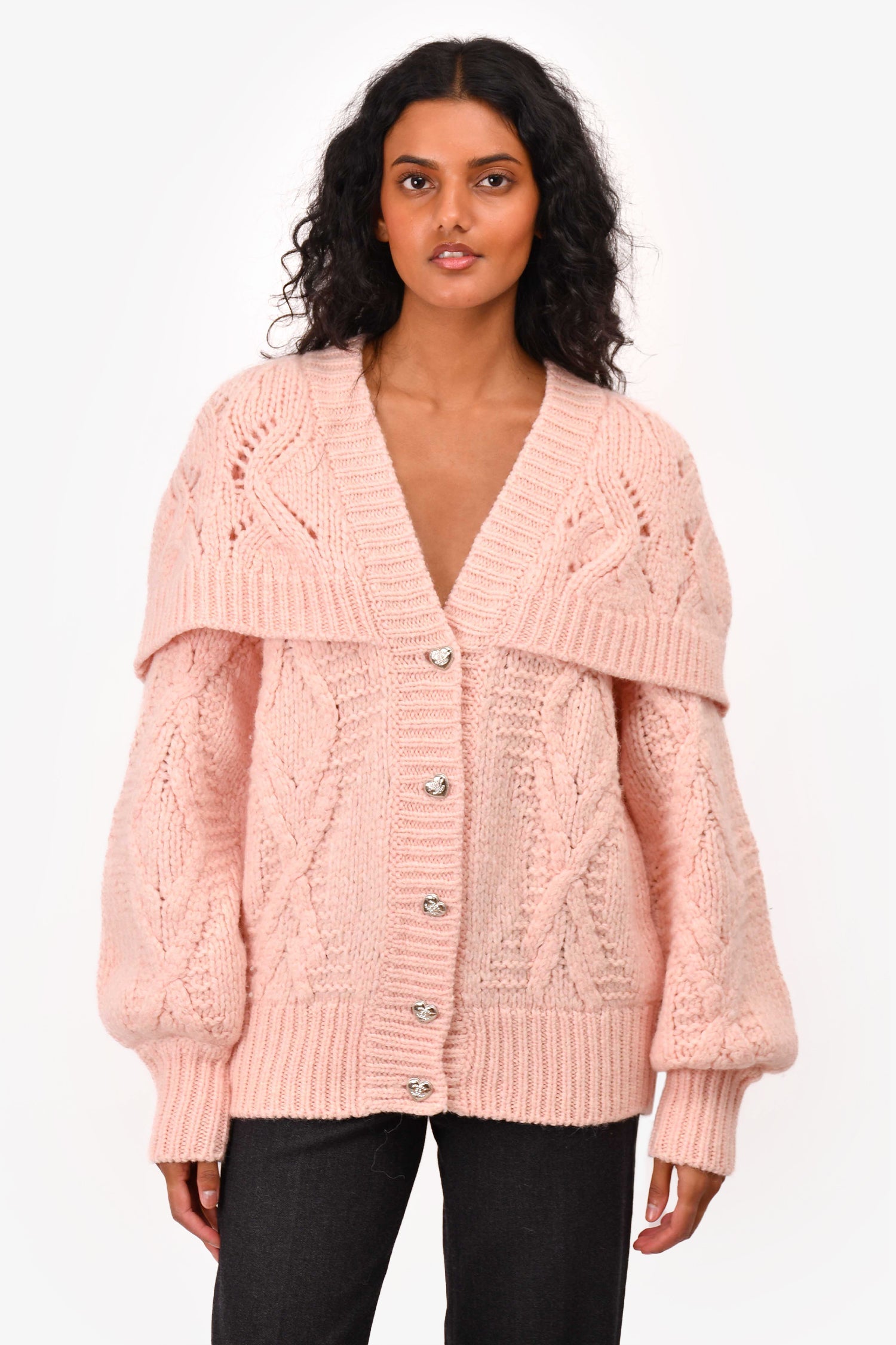 Pre-Loved Chanel™ Fall/Winter 2021 Pink Wool/Alpaca Chunky Knit igan with Silver Heart Buttons Size 38