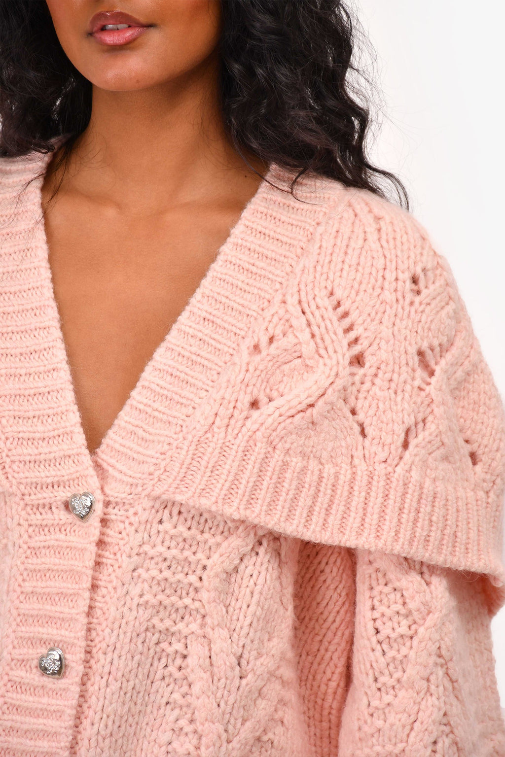 Pre-Loved Chanel™ Fall/Winter 2021 Pink Wool/Alpaca Chunky Knit igan with Silver Heart Buttons Size 38