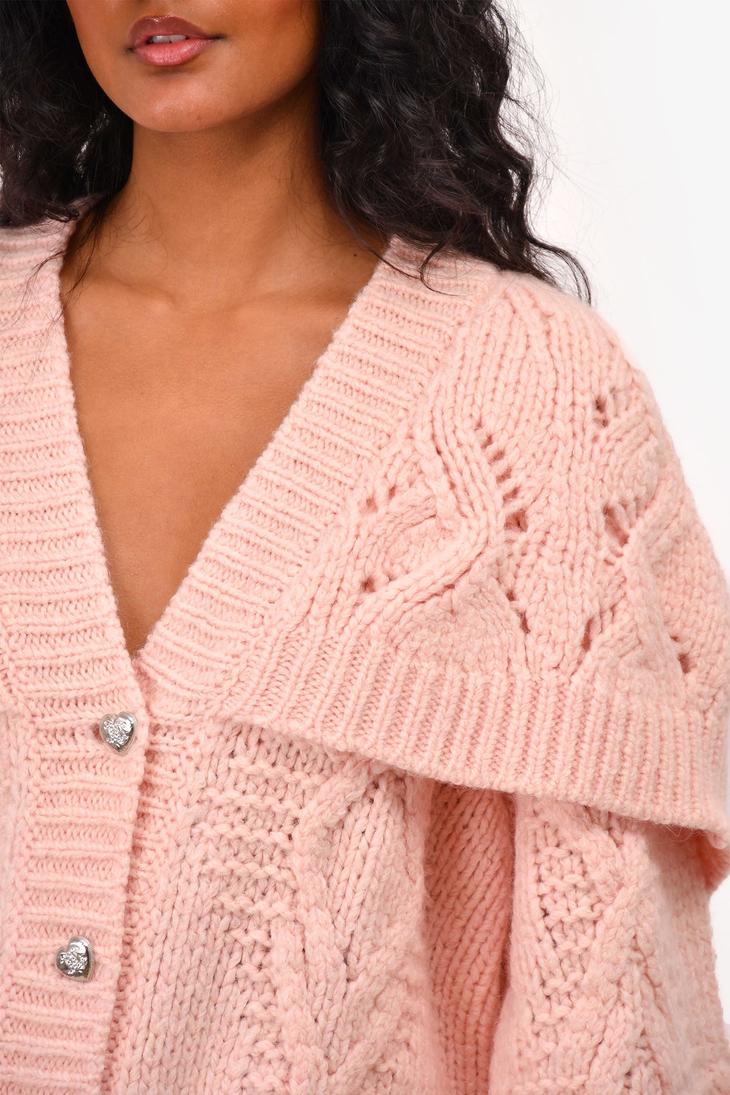 Pre-Loved Chanel™ Fall/Winter 2021 Pink Wool/Alpaca Chunky Knit igan with Silver Heart Buttons Size 38