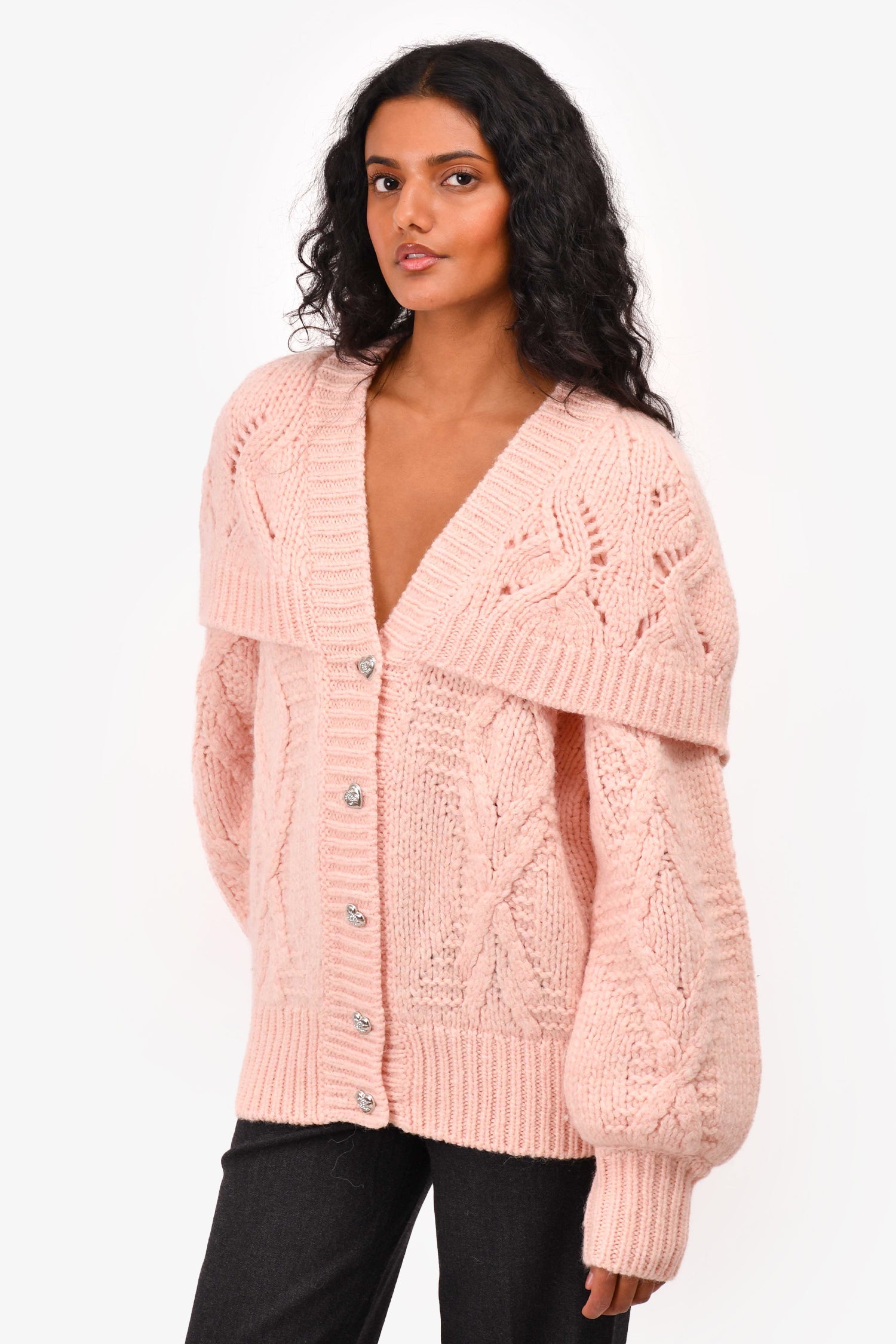 Pre-Loved Chanel™ Fall/Winter 2021 Pink Wool/Alpaca Chunky Knit igan with Silver Heart Buttons Size 38