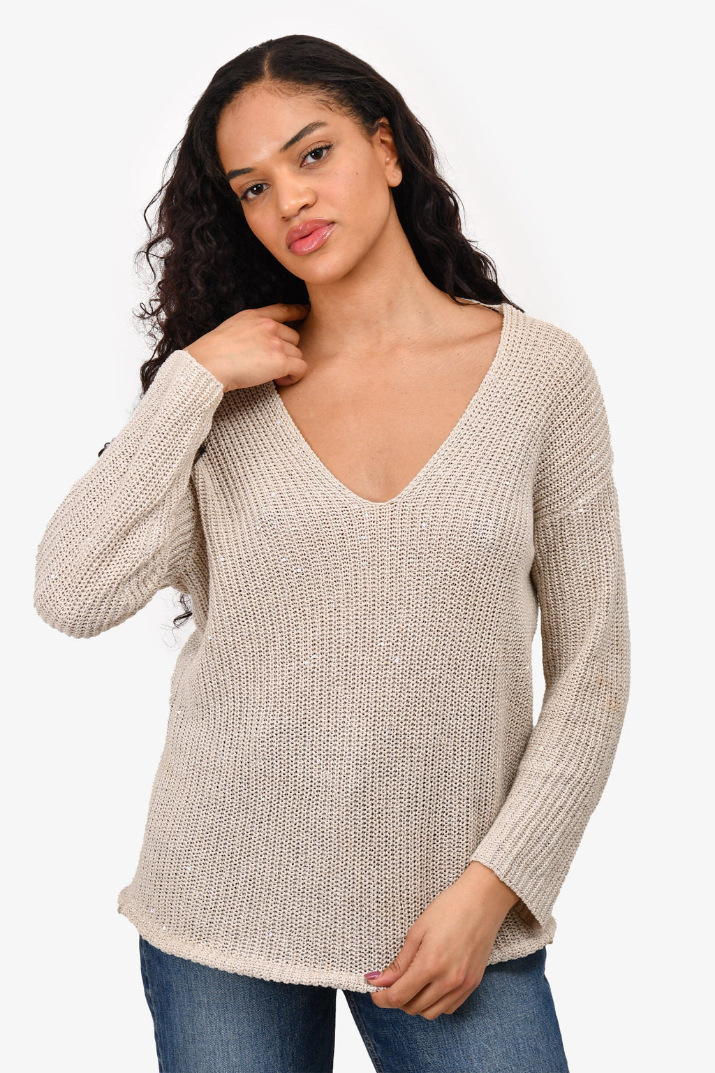 Brunello Cucinelli Beige Knit Sequin Embellished Sweater Size M