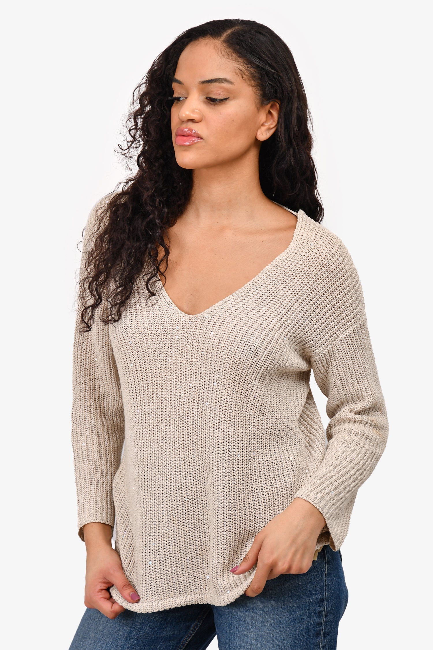 Brunello Cucinelli Beige Knit Sequin Embellished Sweater Size M