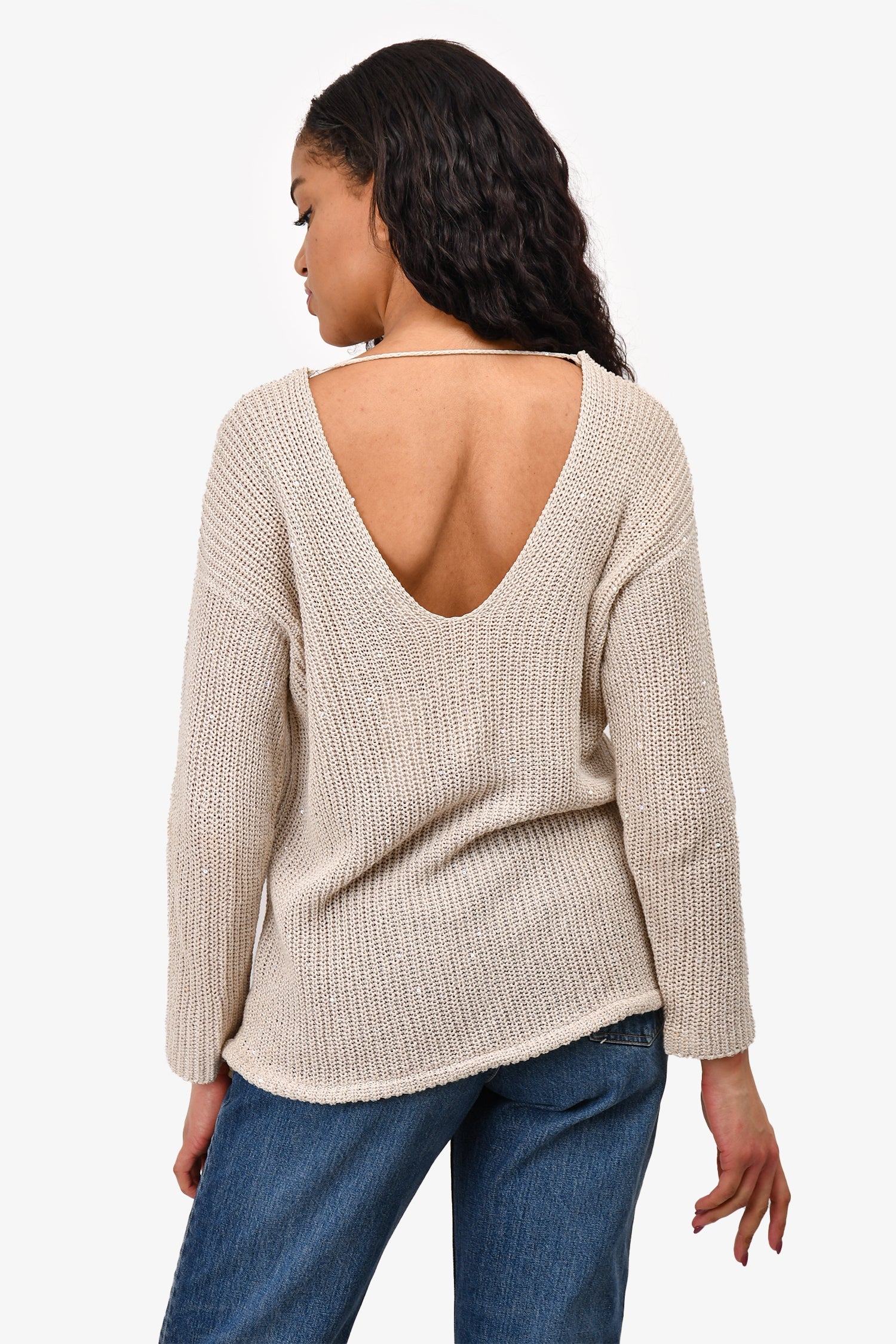 Brunello Cucinelli Beige Knit Sequin Embellished Sweater Size M