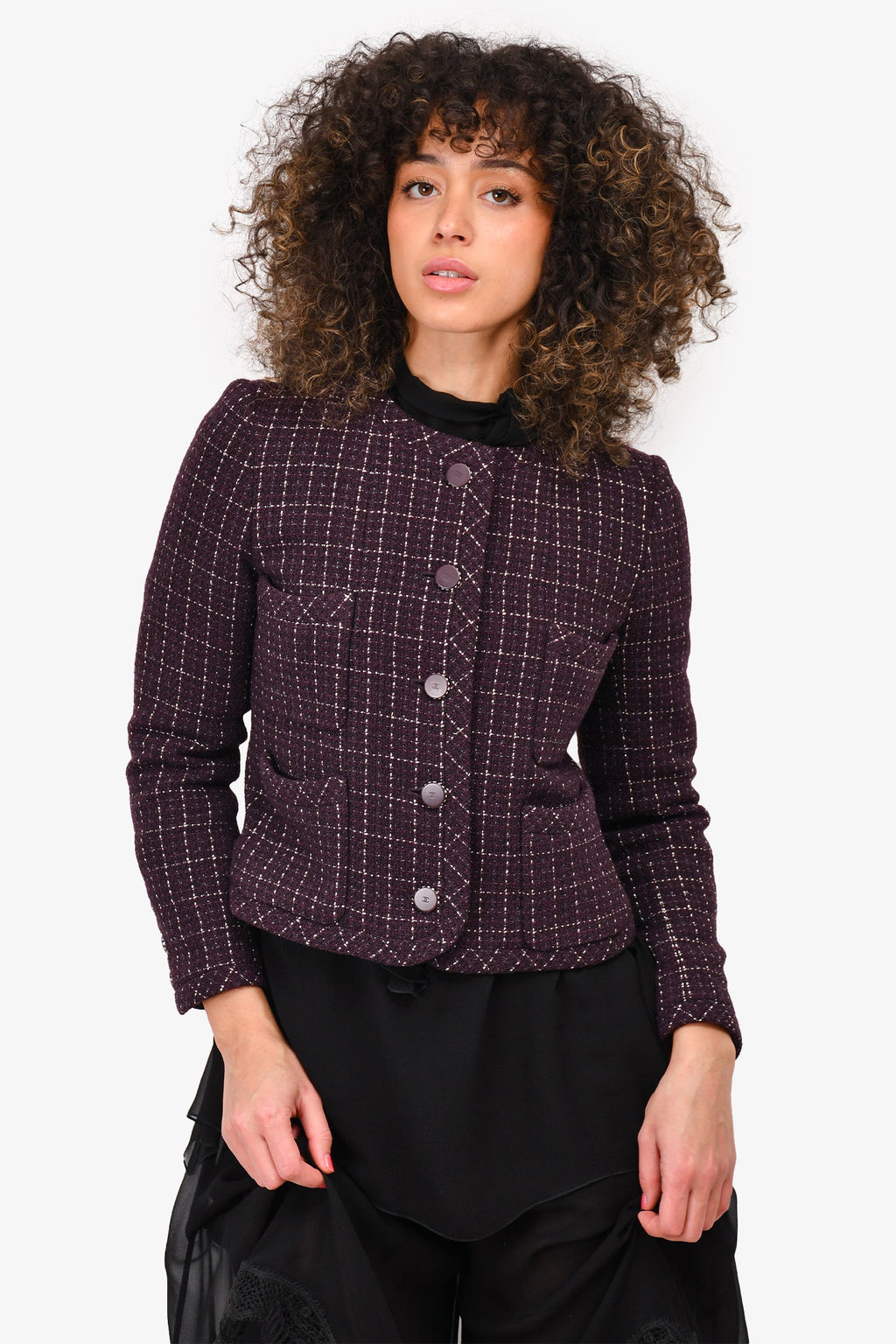 Pre-Loved Chanel™ Purple/Silver Tweed Buttoned Evening Jacket Estimated Size S/M