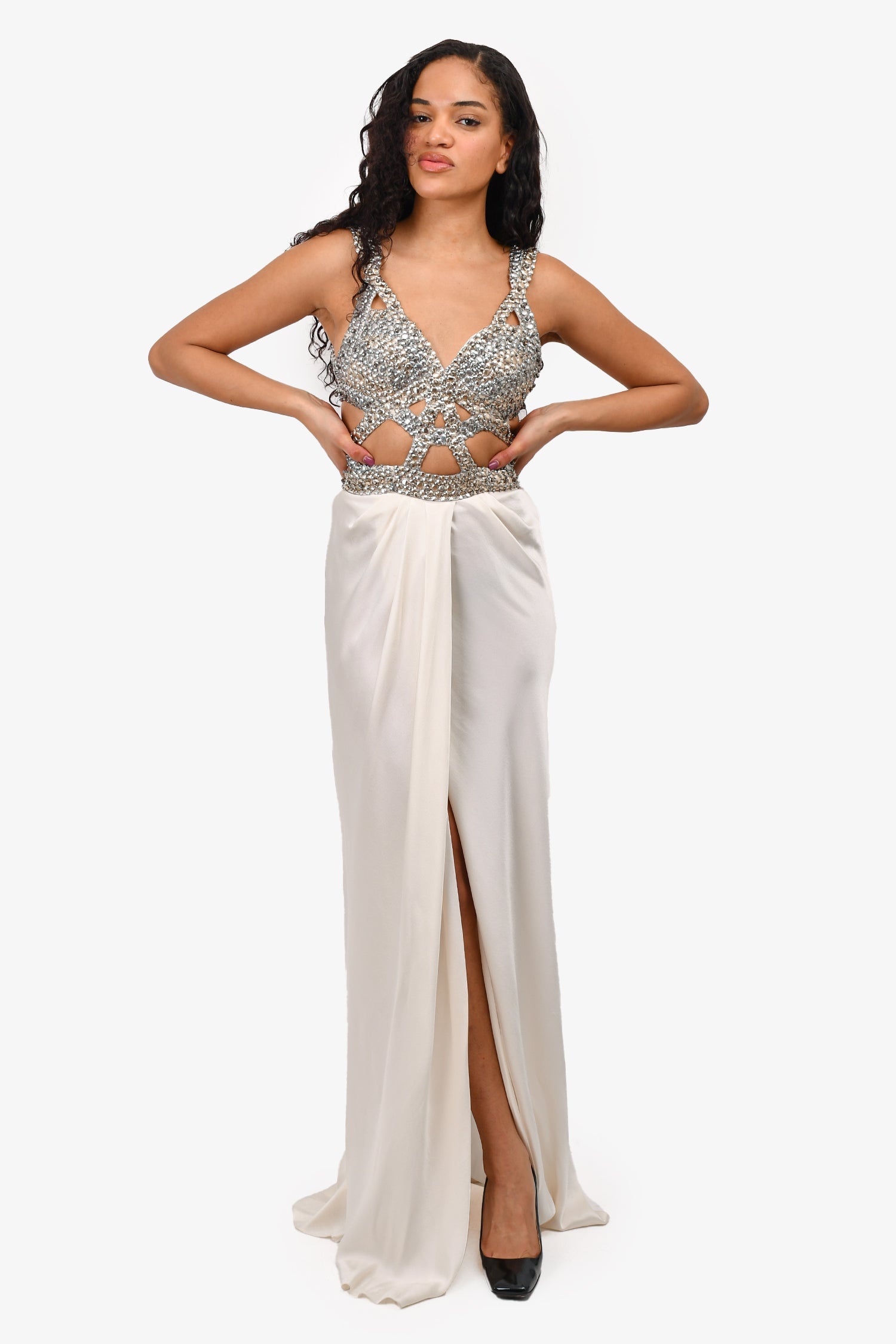 Alberta Ferretti Runway FW19 White Silk Gown with Silver Metal Caged Top Size 4 US