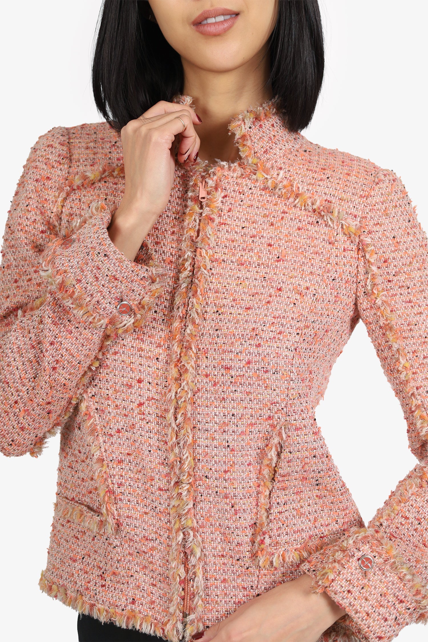 Pre-Loved Chanel™ 04P Pink Tweed Zip Up Jacket Size 34