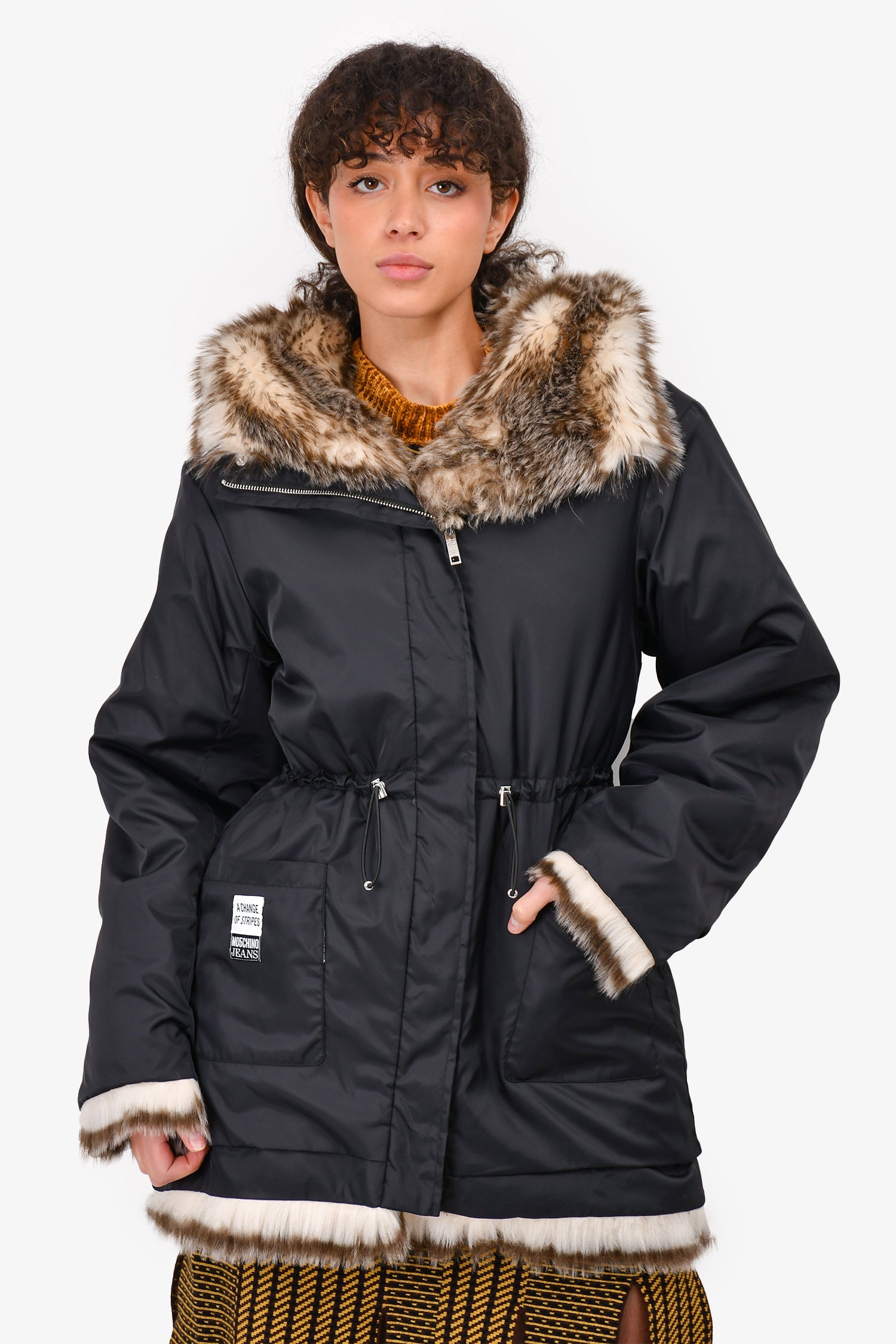 Moschino Jeans Reversible Black Faux Fur Lined Parka Jacket Size 2