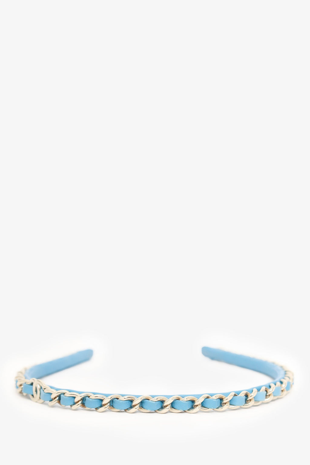 Pre-Loved Chanel™ 22S Blue Leather/Gold CC Chain-Link Headband