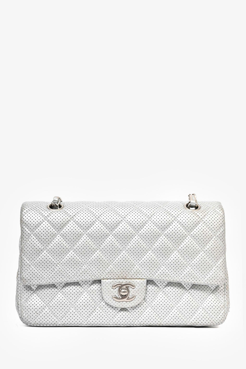 Pre-Loved Chanel™ 2014 Silver Perforated Leather Medium Double Flap Shoulder Bag