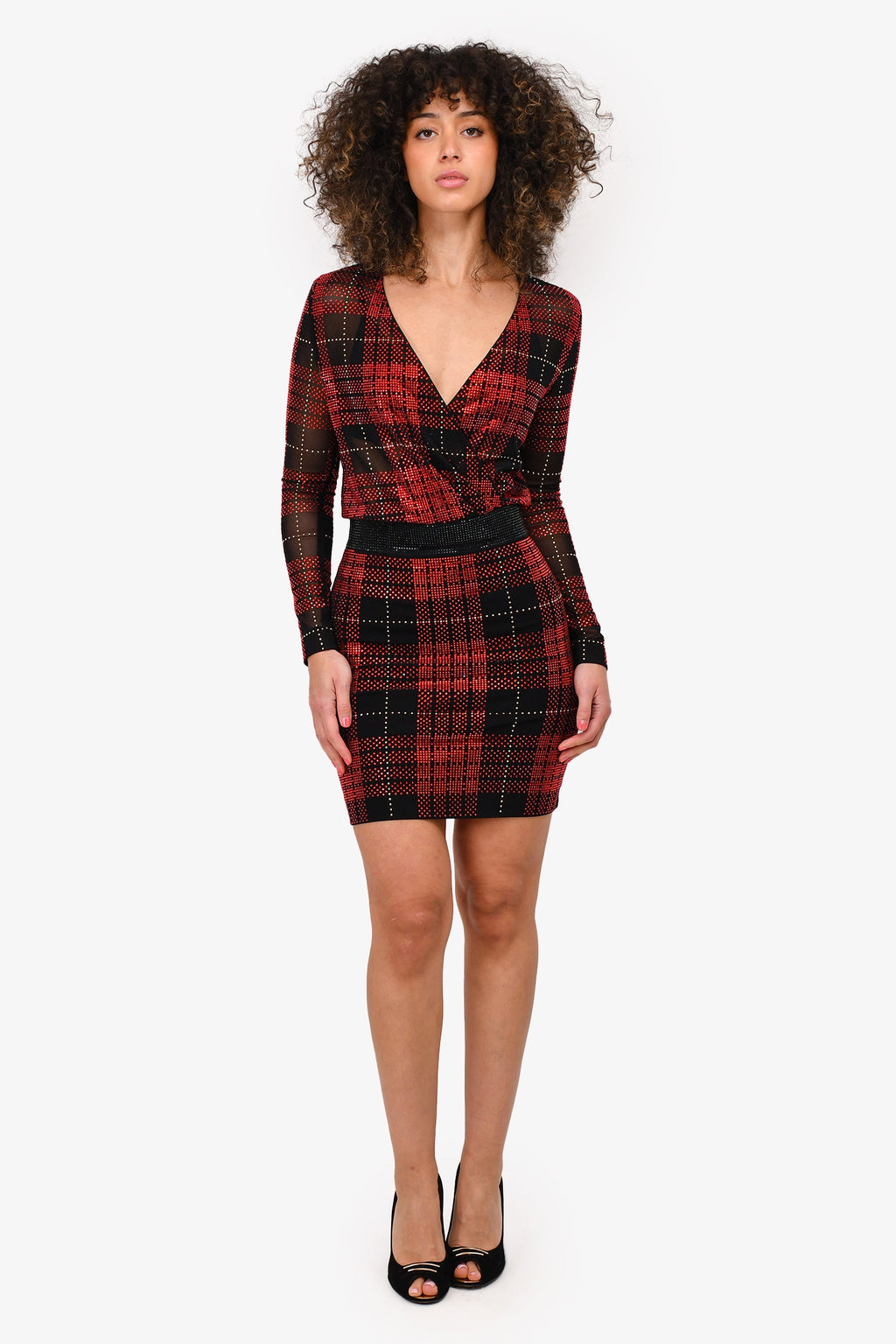 Balmain Black/Red Mesh Embellished Mini Dress Size 36