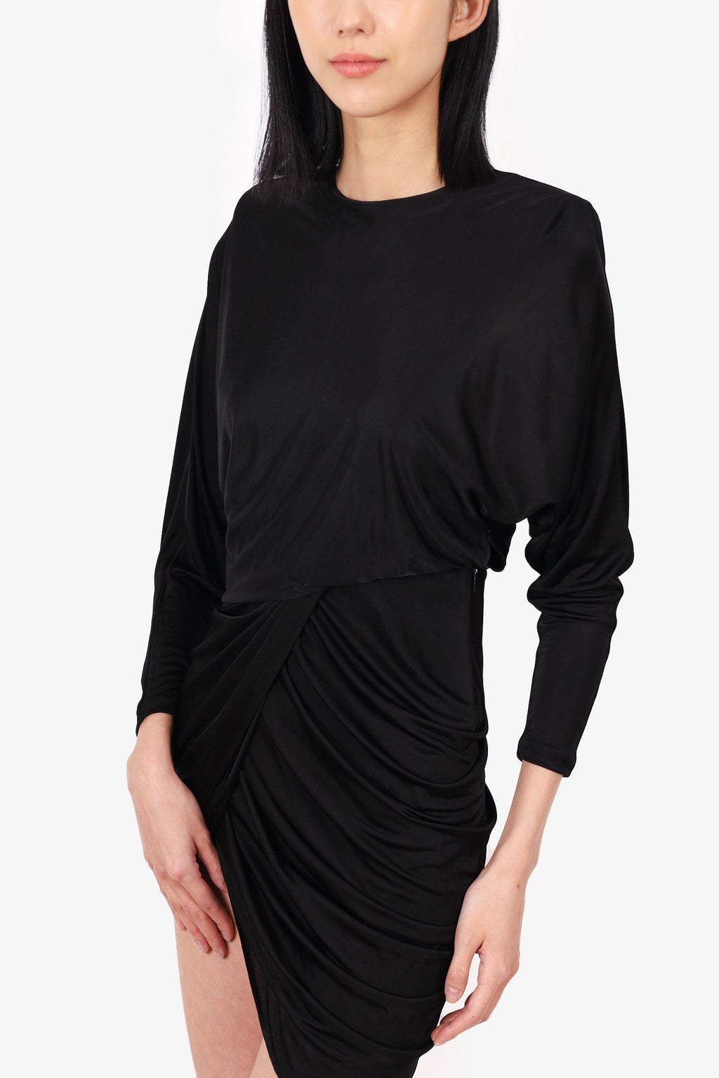 Saint Laurent Black Draped Asymmetric Satin-Jersey Mini Dress Size 34