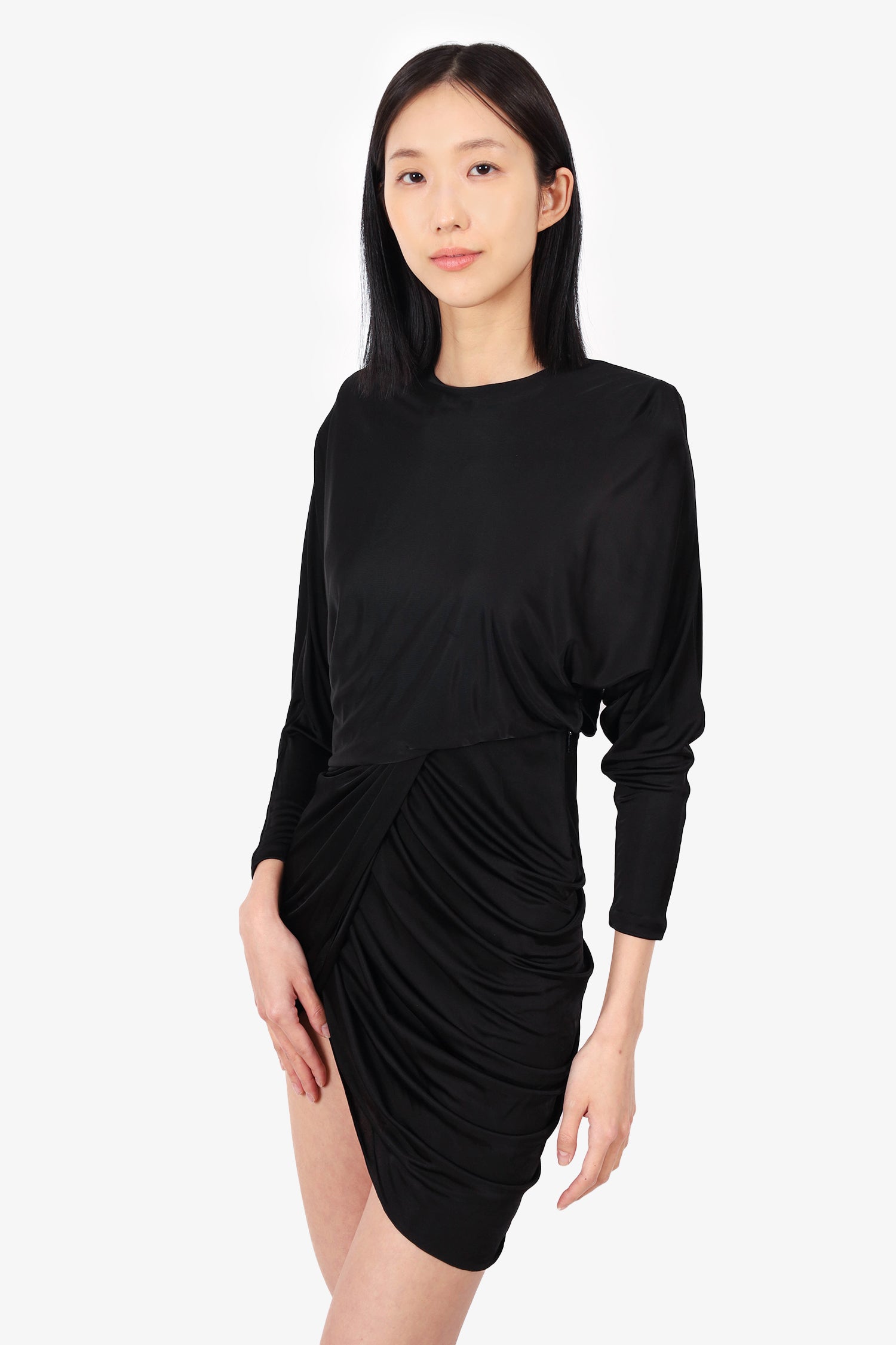 Saint Laurent Black Draped Asymmetric Satin-Jersey Mini Dress Size 34