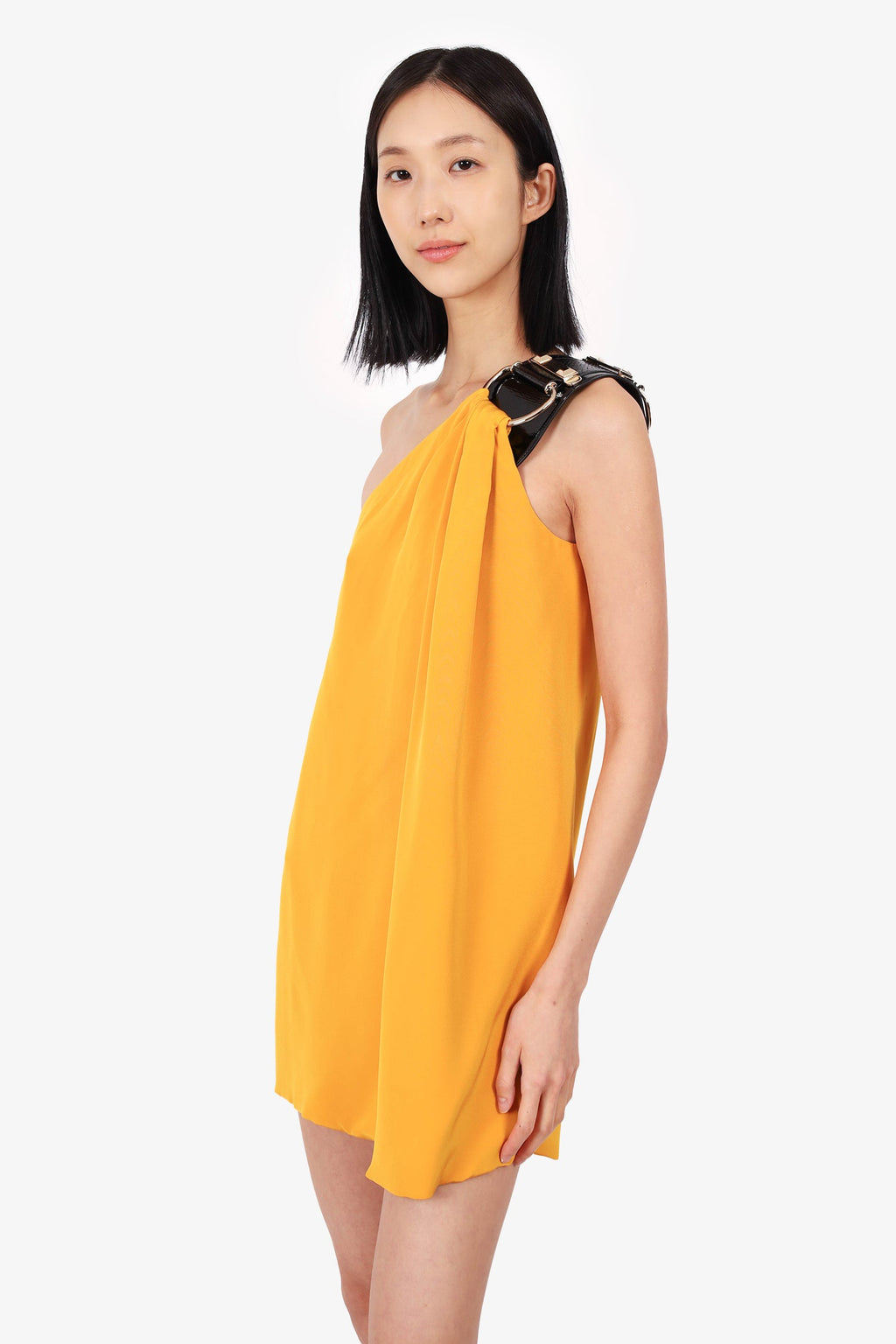 Gucci Yellow/Black Silk One-Shoulder Buckle Mini Dress Size 42