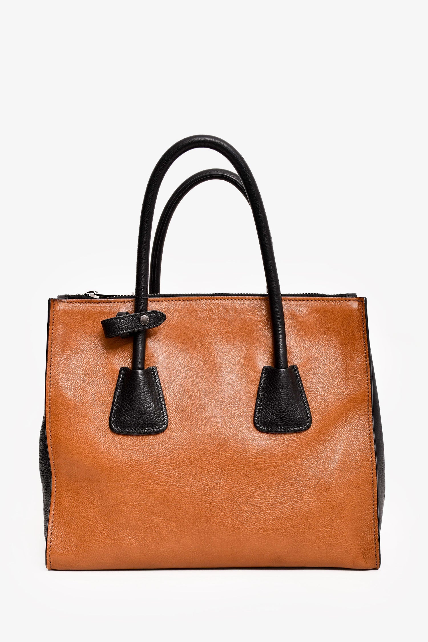 Prada Brown/Black Leather Bicolour Twin Pocket Top Handle with Strap