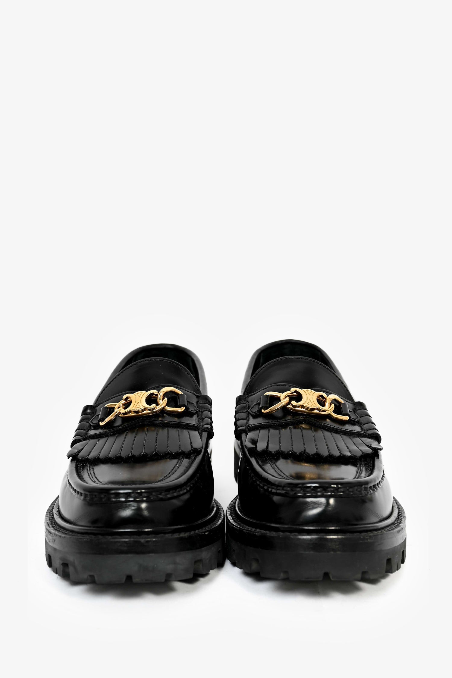 Celine Black Leather Fringe Triomphe 'Margaret' Platform Loafers Size 36