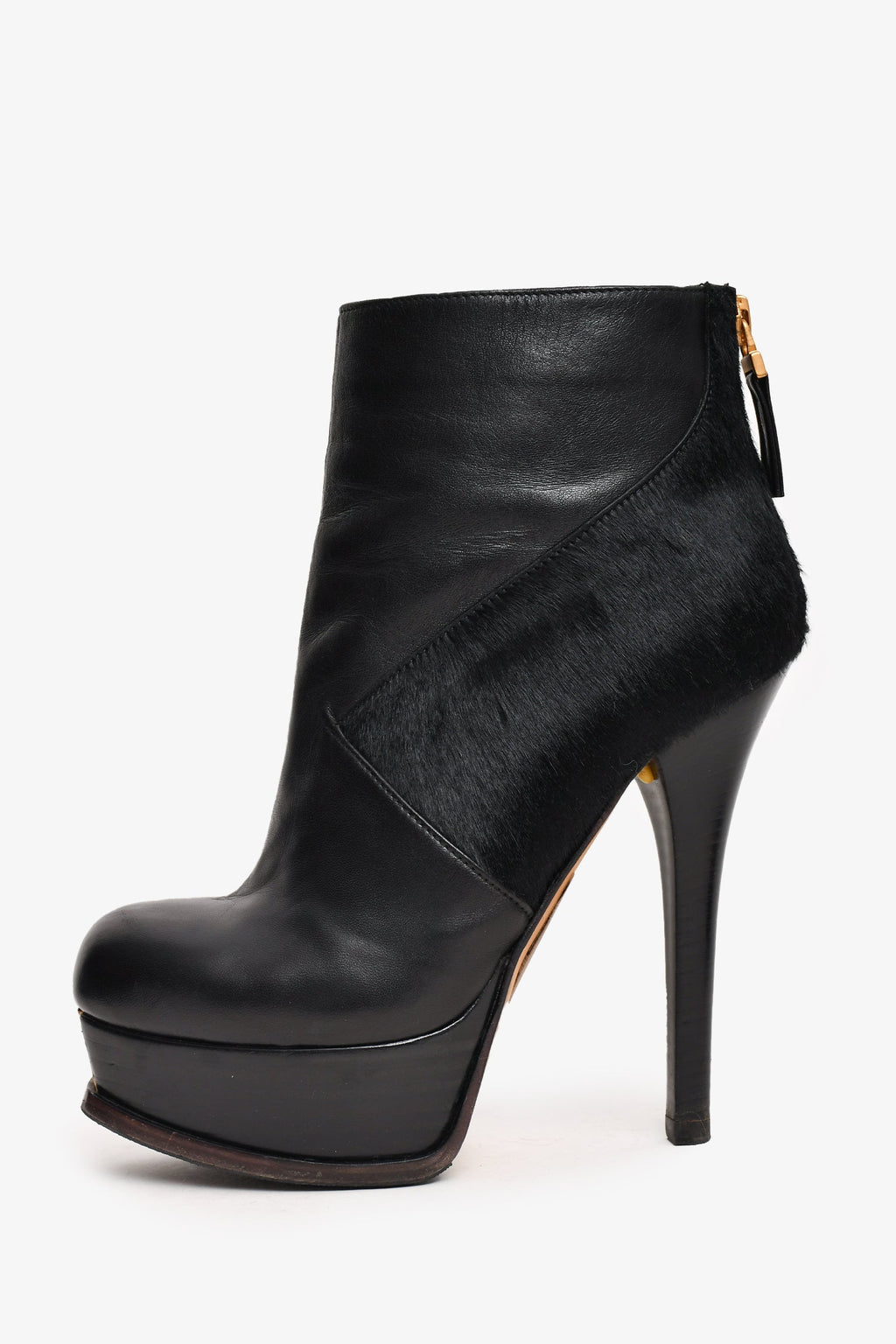 Fendi Black Leather/Pony Hair Calfskin FF Logo Platform Ankle Boots Size 36.5