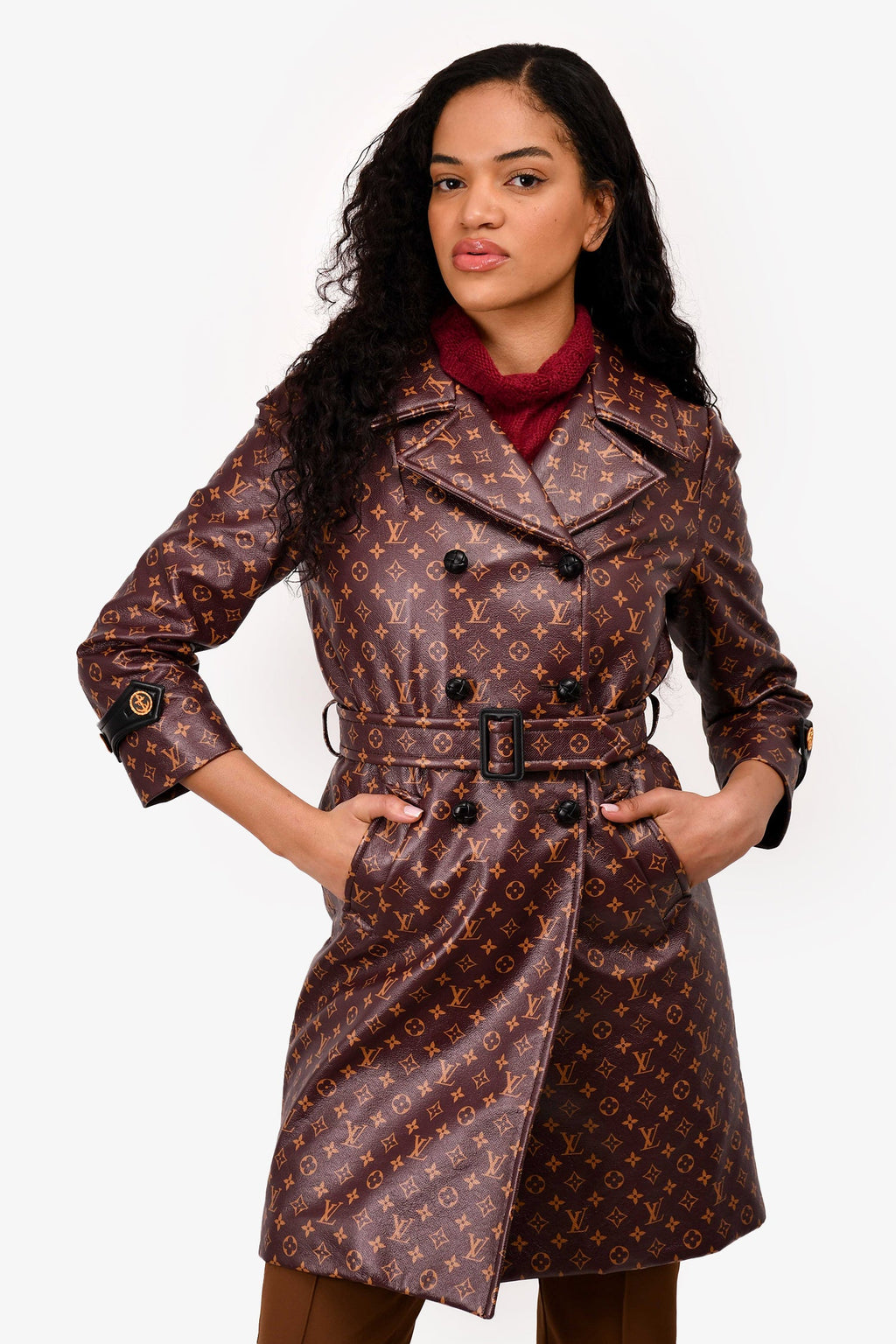 Louis Vuitton Brown Leather Monogram Trench Coat Size 36 with Belt