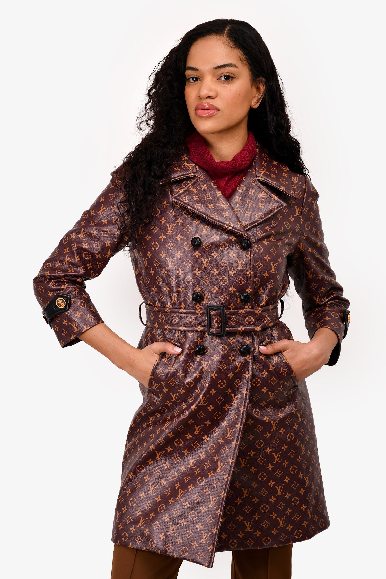 Louis Vuitton Brown Leather Monogram Trench Coat Size 36 with Belt