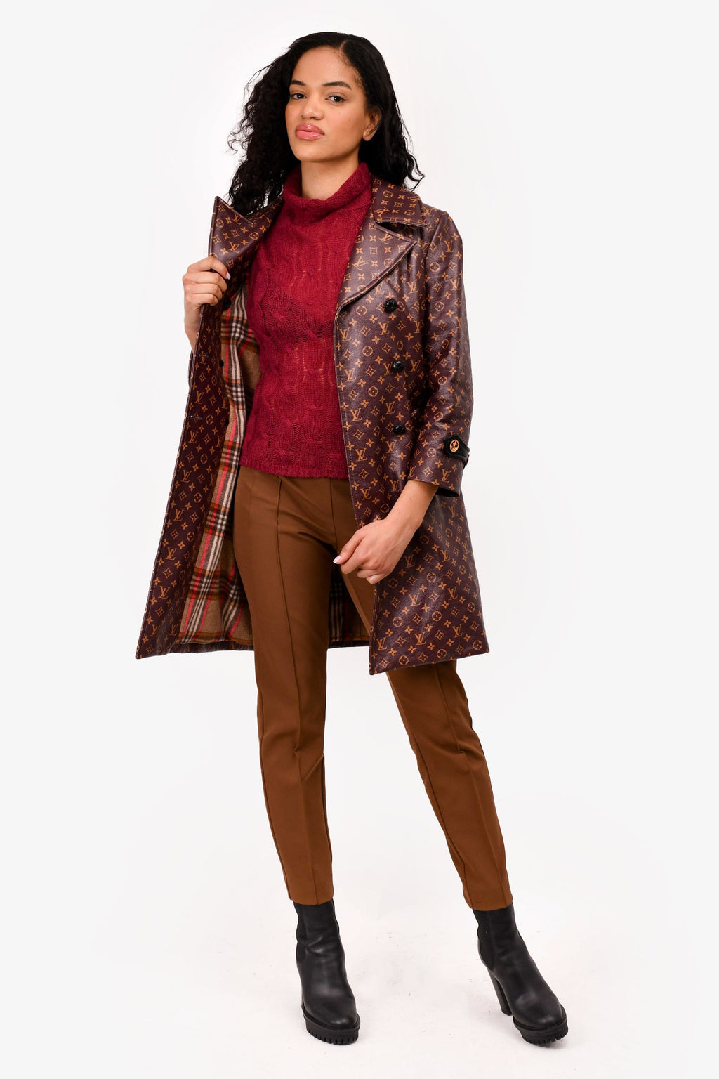 Louis Vuitton Brown Leather Monogram Trench Coat Size 36 with Belt