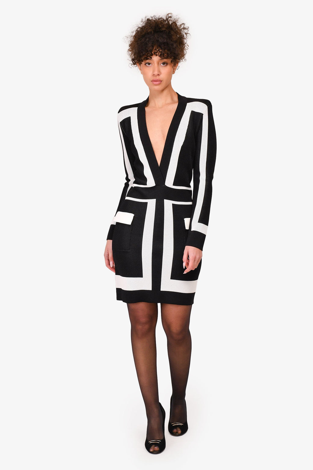 Balmain Black/White Geometrical Pattern V-Neck Dress Size 38