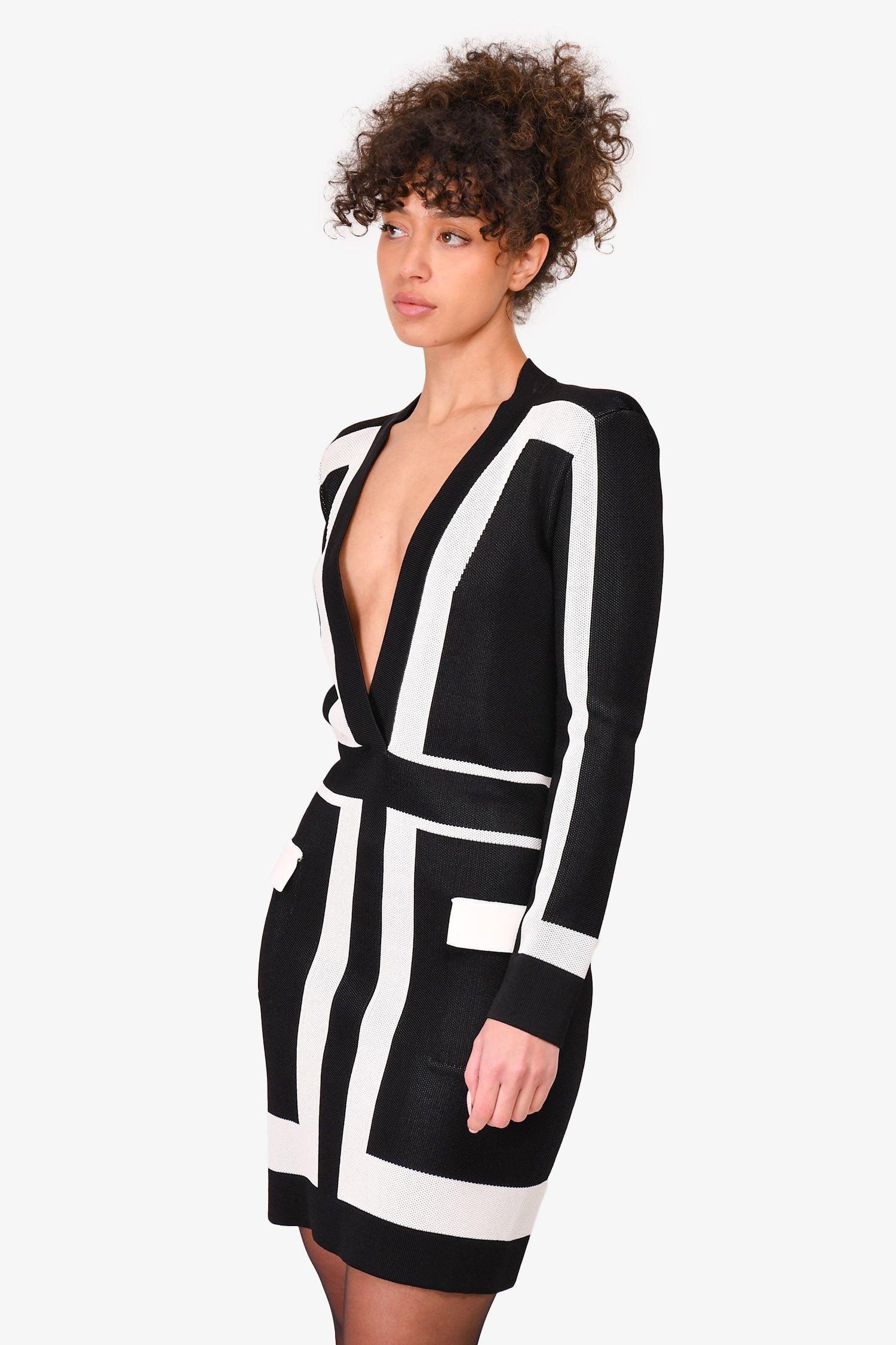 Balmain Black/White Geometrical Pattern V-Neck Dress Size 38