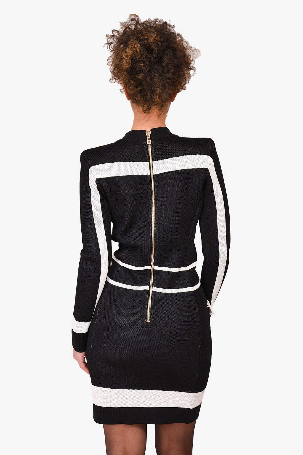 Balmain Black/White Geometrical Pattern V-Neck Dress Size 38