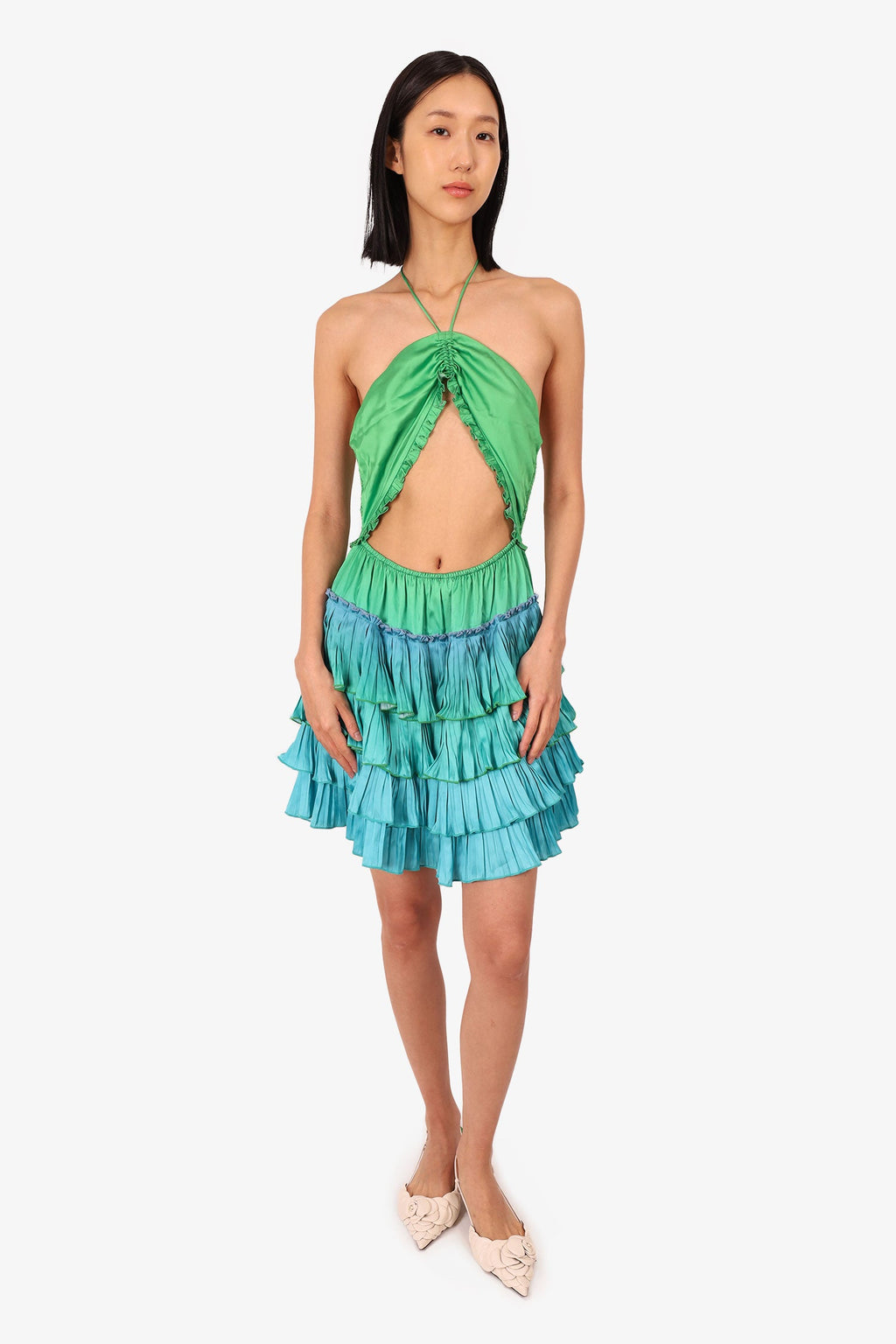 Rococo Sand Green/Blue Cut-Out Pleated Sleeveless Mini 'Kiki' Dress Size M