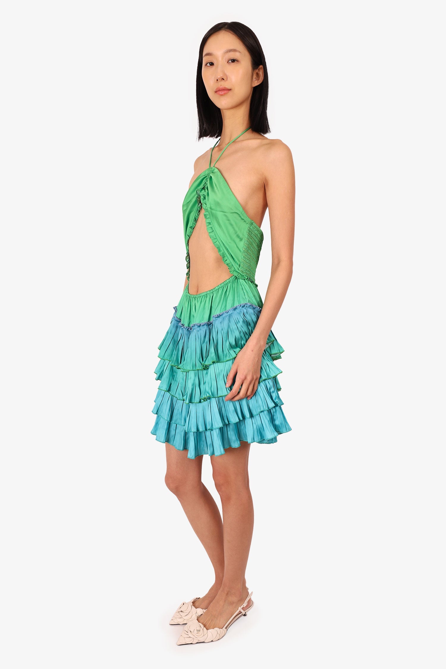 Rococo Sand Green/Blue Cut-Out Pleated Sleeveless Mini 'Kiki' Dress Size M