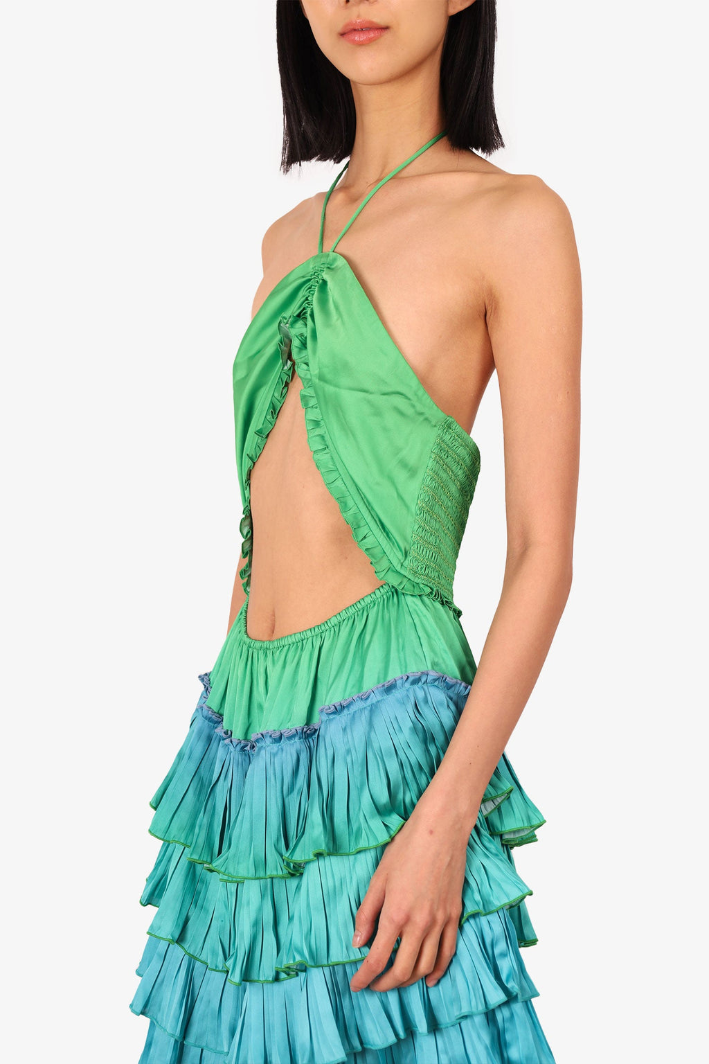 Rococo Sand Green/Blue Cut-Out Pleated Sleeveless Mini 'Kiki' Dress Size M
