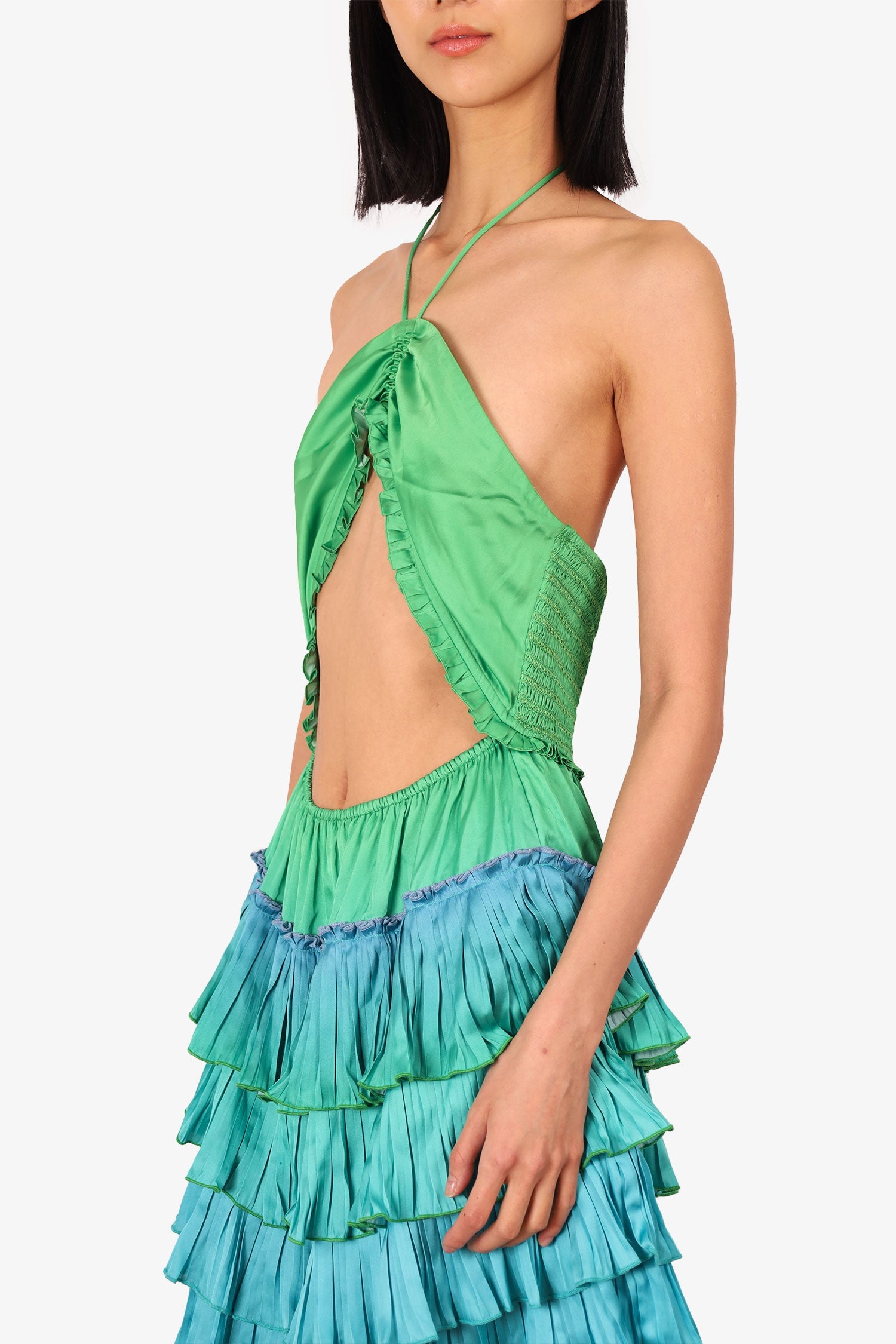 Rococo Sand Green/Blue Cut-Out Pleated Sleeveless Mini 'Kiki' Dress Size M