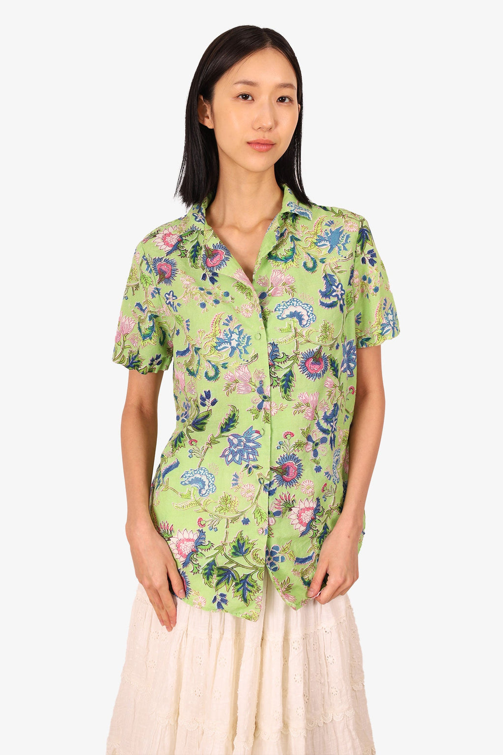 Hemant & Nandita Green/Blue Floral Print Short Sleeve Button Up Blouse Size M