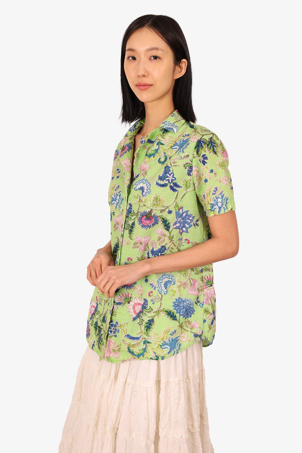 Hemant & Nandita Green/Blue Floral Print Short Sleeve Button Up Blouse Size M