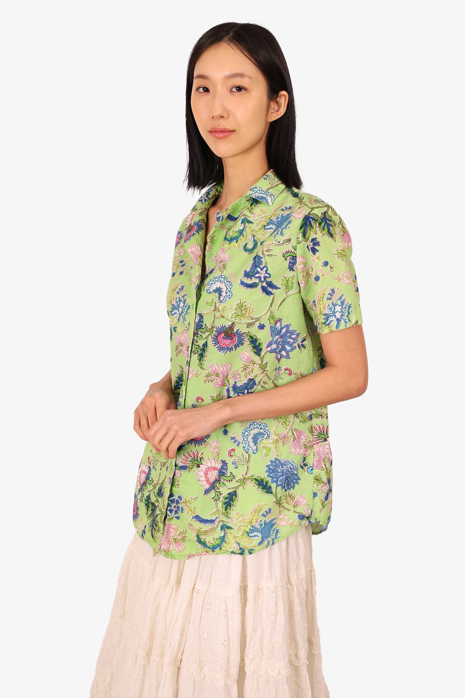 Hemant & Nandita Green/Blue Floral Print Short Sleeve Button Up Blouse Size M