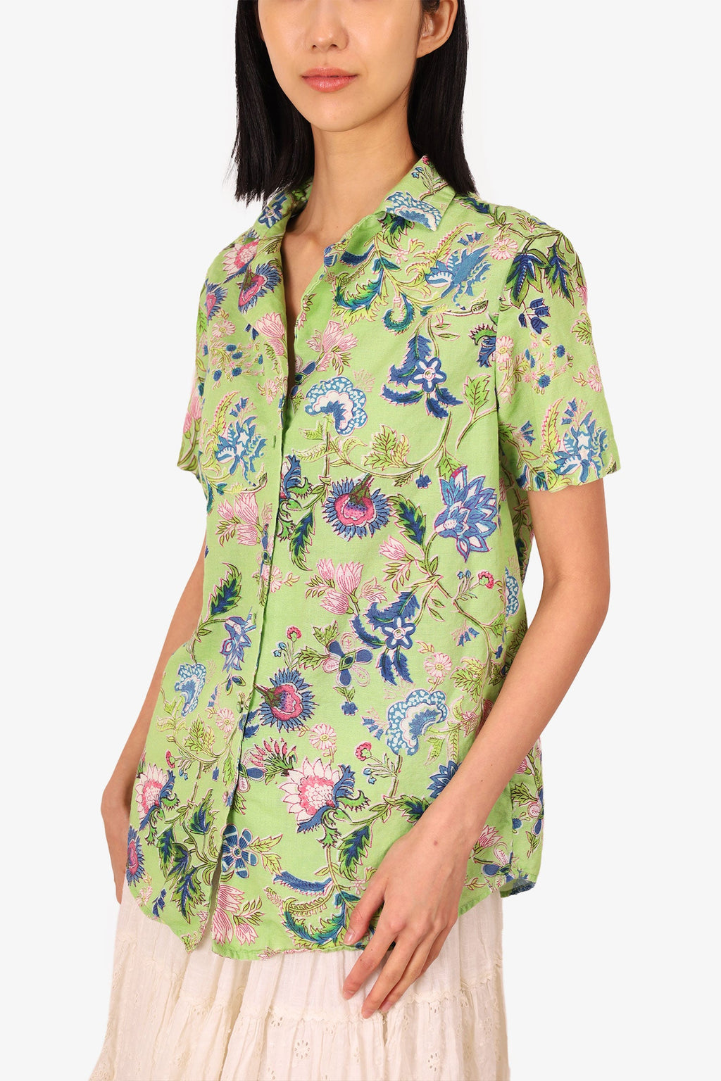 Hemant & Nandita Green/Blue Floral Print Short Sleeve Button Up Blouse Size M