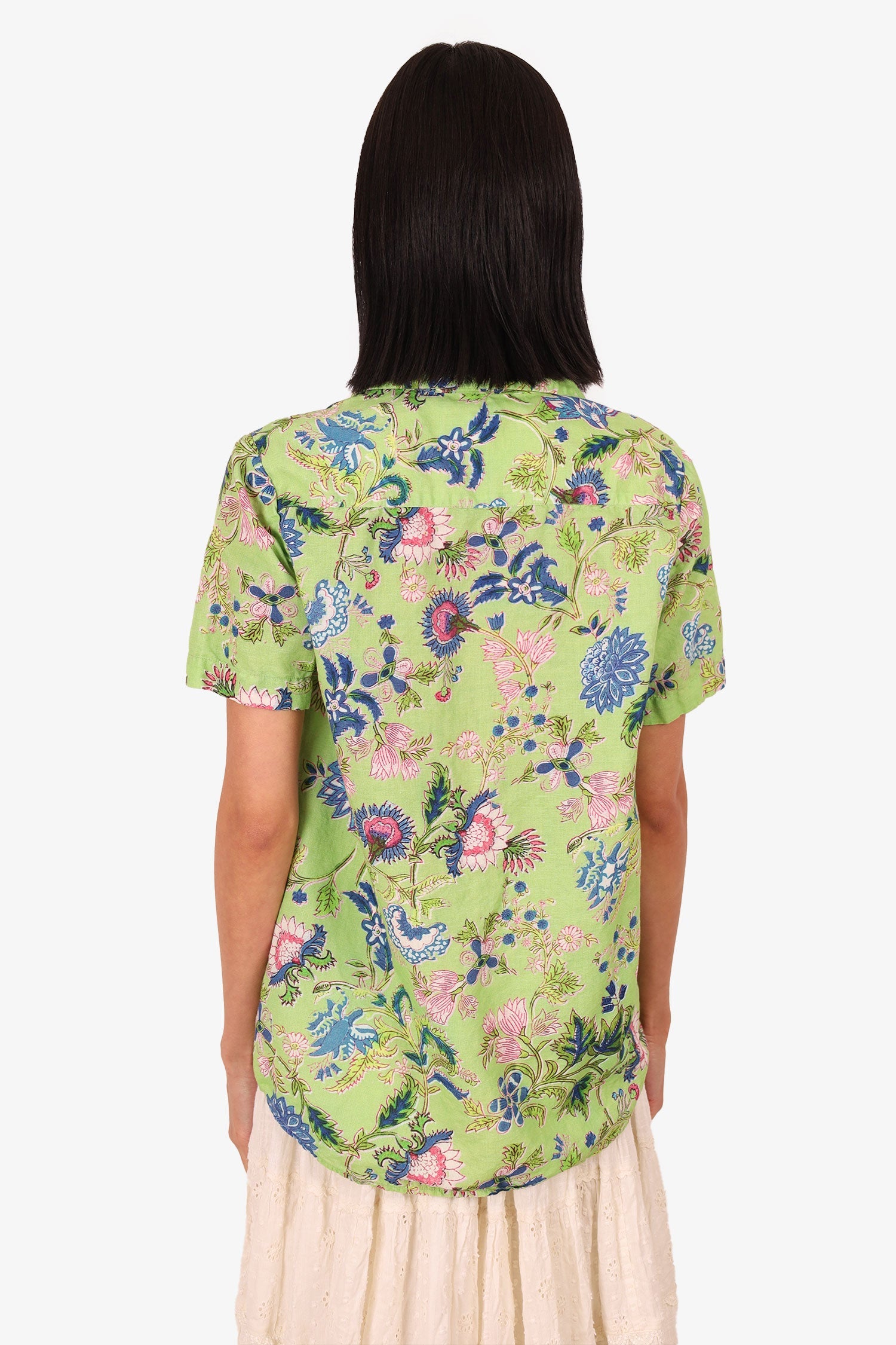 Hemant & Nandita Green/Blue Floral Print Short Sleeve Button Up Blouse Size M