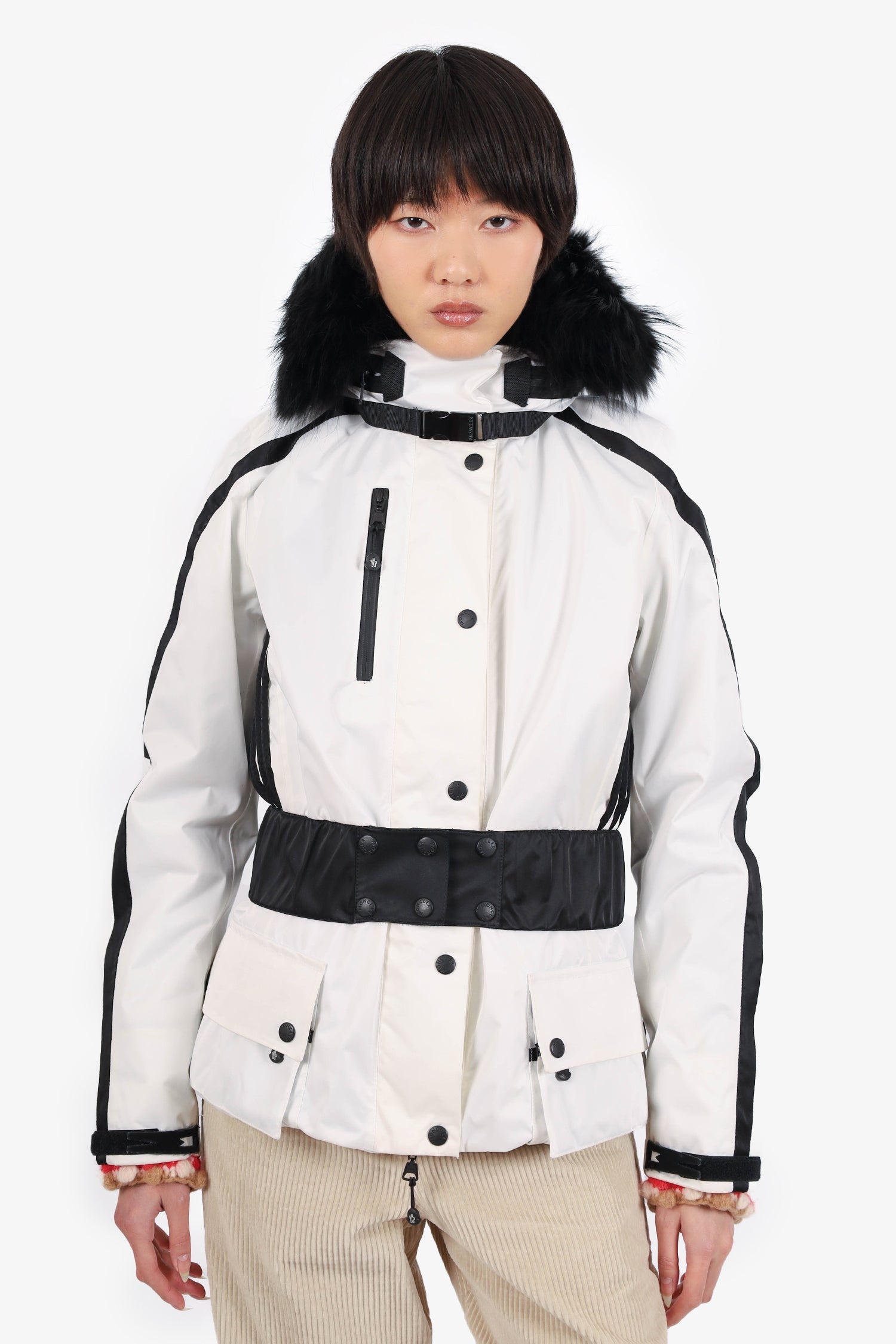 Moncler White/Black Fox Fur Front Pocket Belted Jacket Size Large