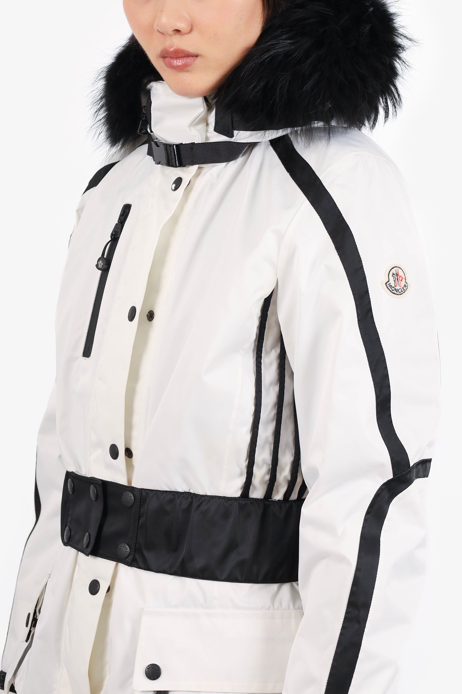 Moncler White/Black Fox Fur Front Pocket Belted Jacket Size Large