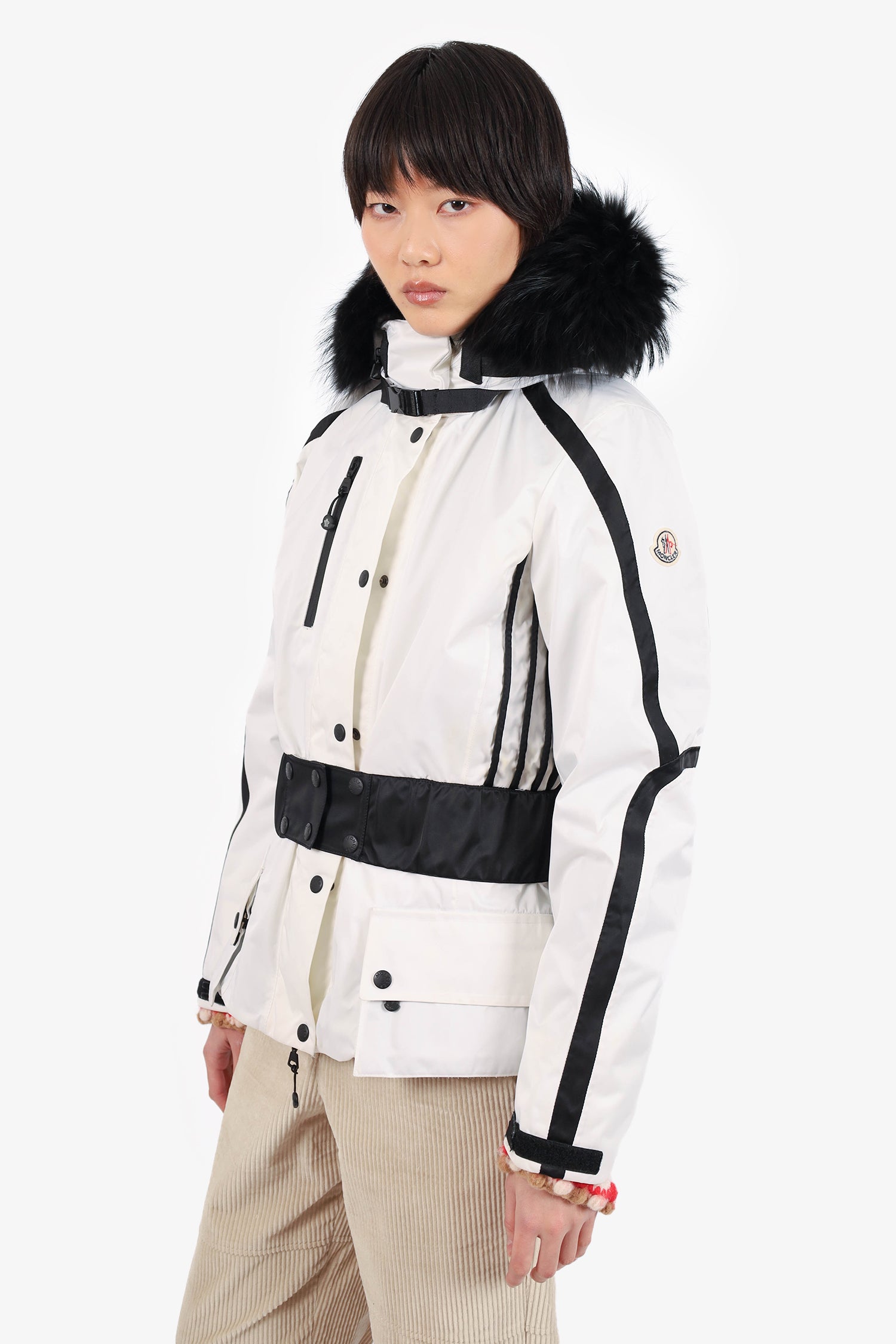 Moncler White/Black Fox Fur Front Pocket Belted Jacket Size Large