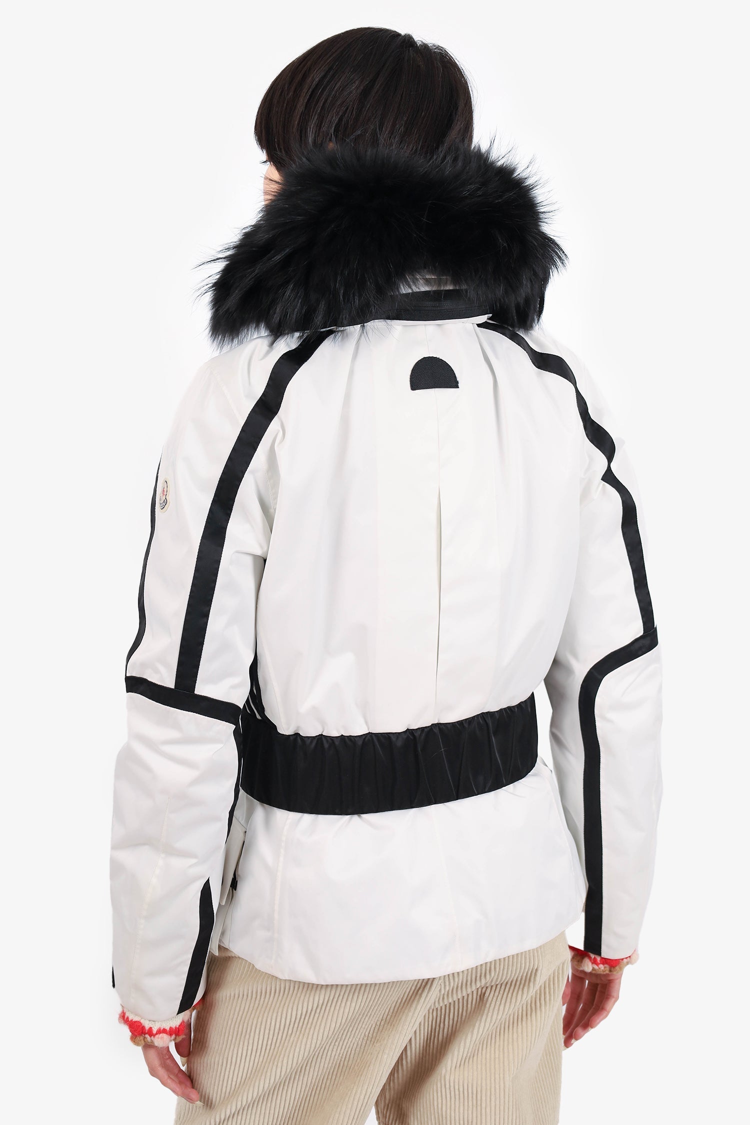Moncler White/Black Fox Fur Front Pocket Belted Jacket Size Large
