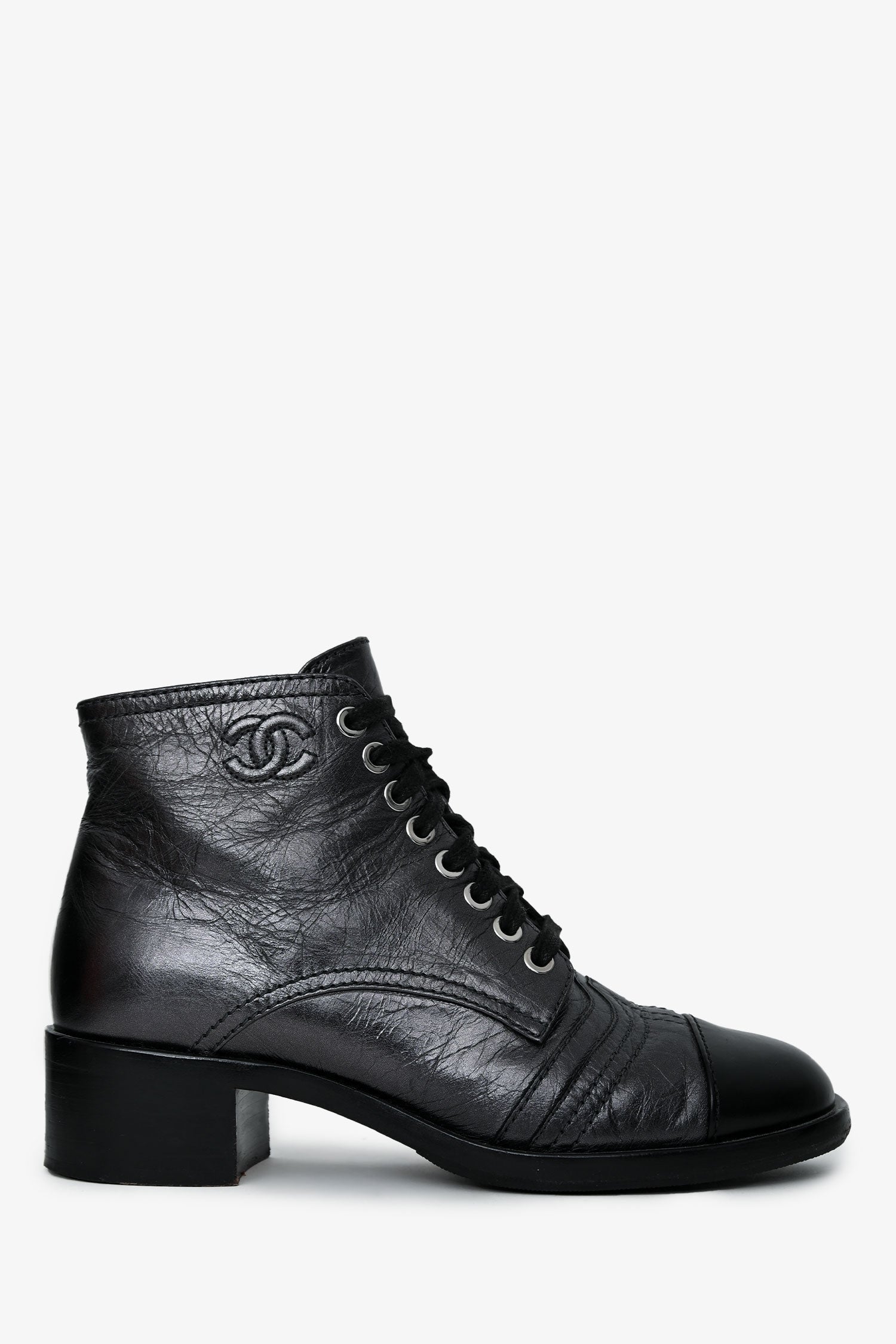 Pre-Loved Chanel™ Black Leather CC Ankle Boots Size 35
