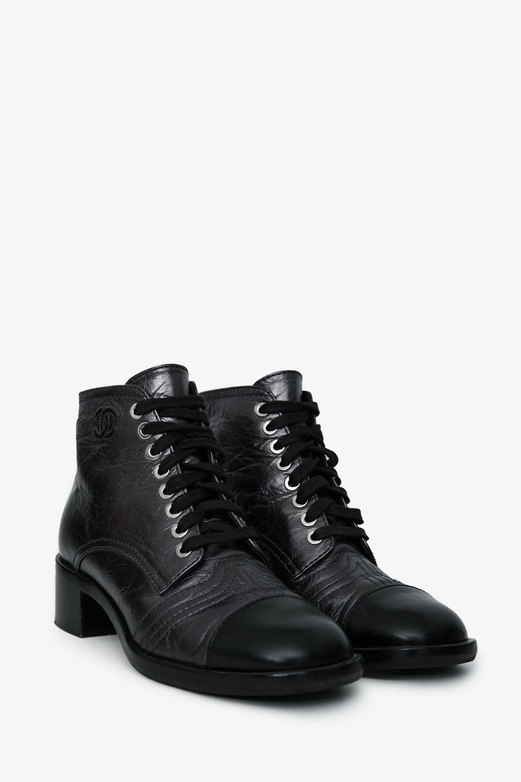 Pre-Loved Chanel™ Black Leather CC Ankle Boots Size 35
