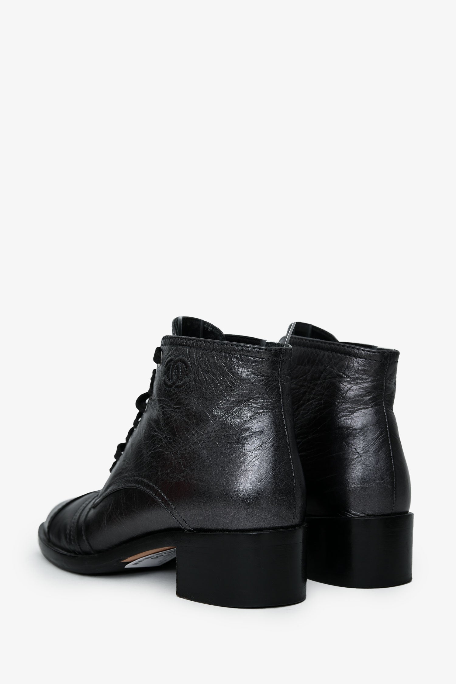 Pre-Loved Chanel™ Black Leather CC Ankle Boots Size 35