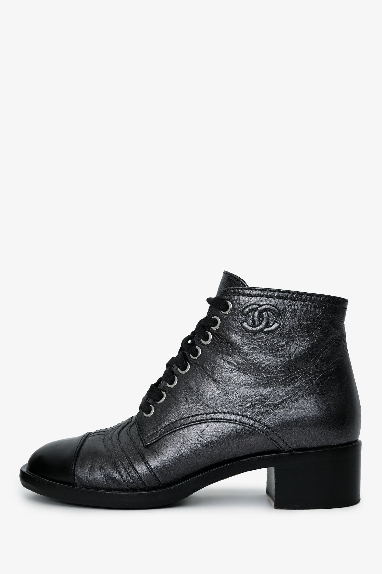 Pre-Loved Chanel™ Black Leather CC Ankle Boots Size 35