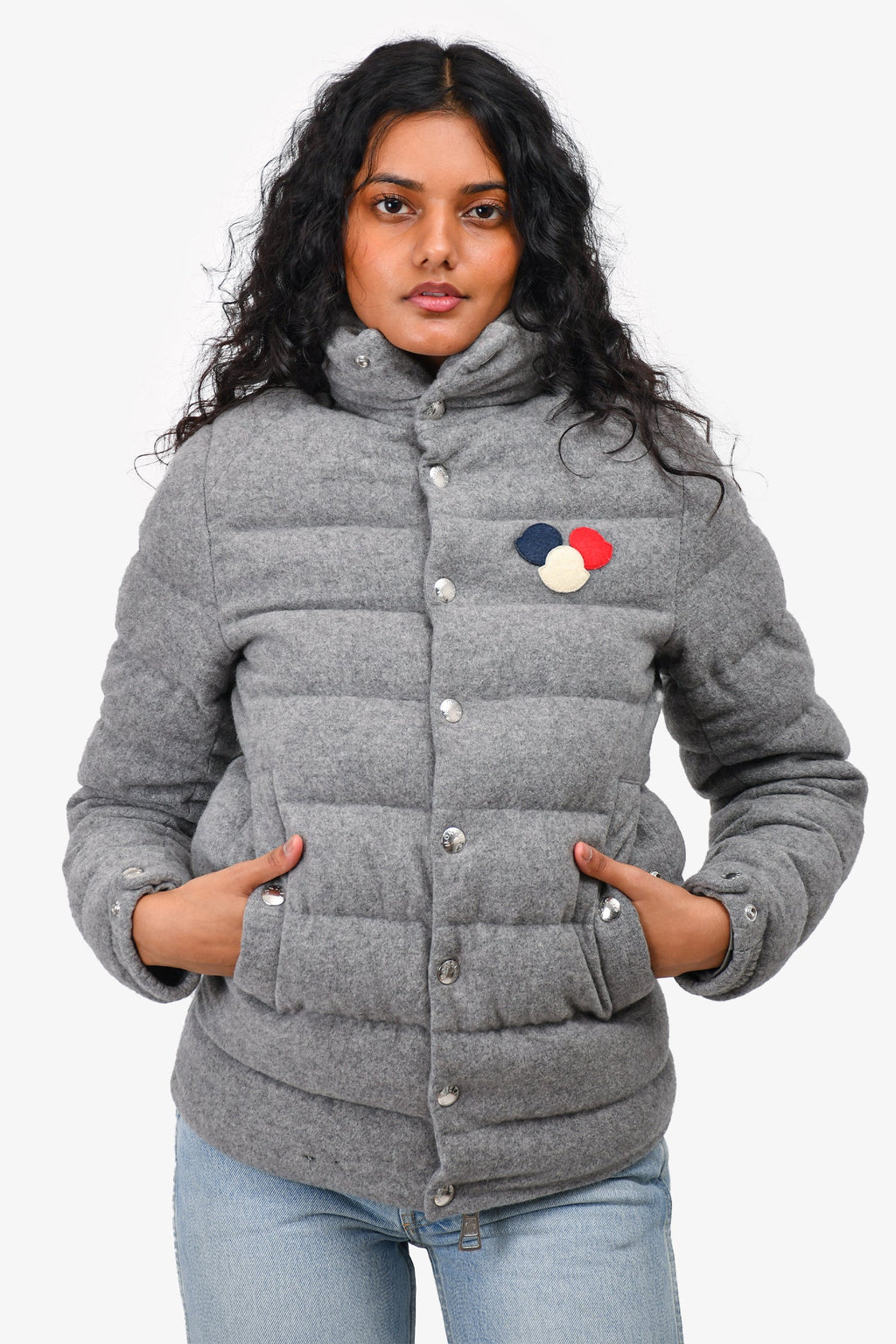 Moncler Grey Wool Breval Guibbotto Zip Up Down Jacket Size 1