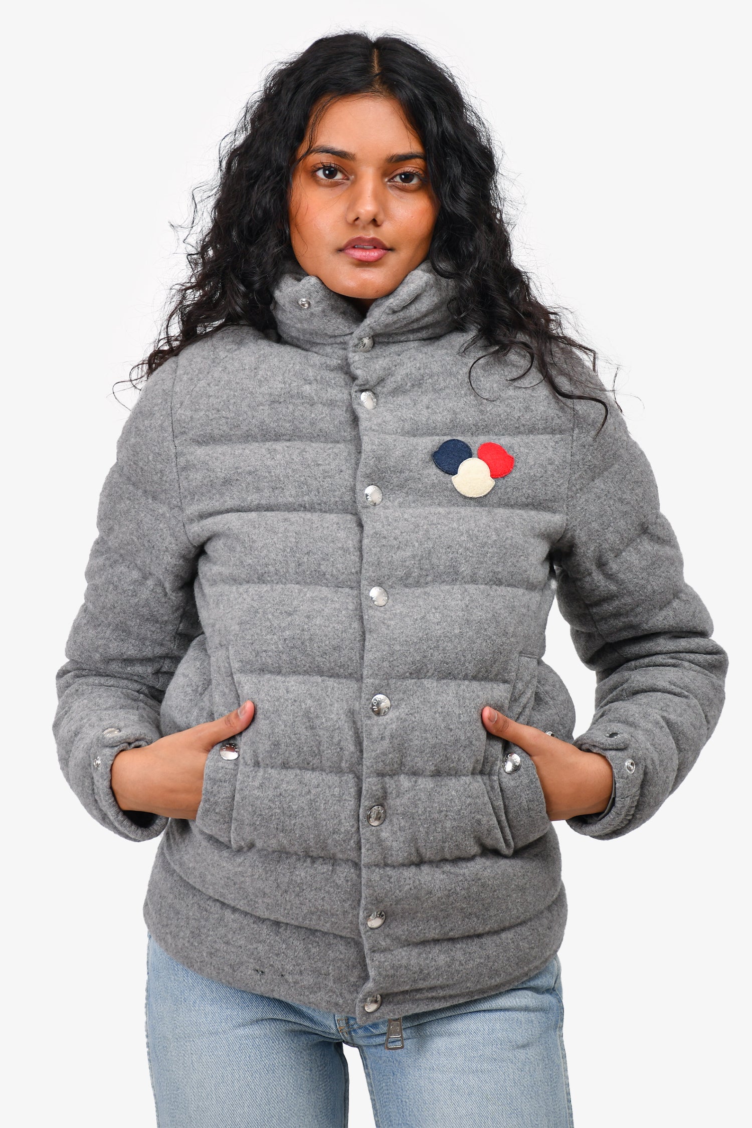 Moncler Grey Wool Breval Guibbotto Zip Up Down Jacket Size 1