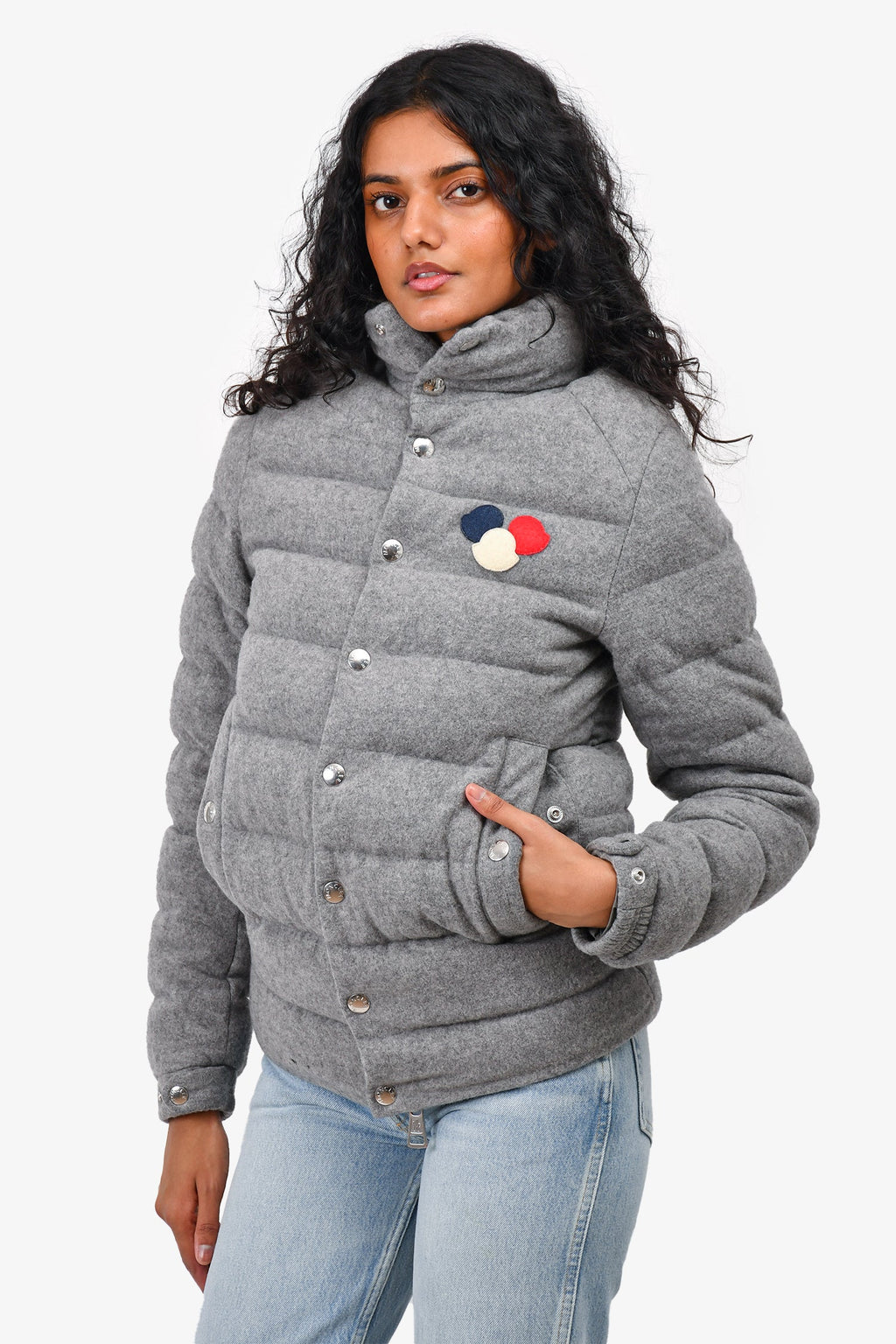 Moncler Grey Wool Breval Guibbotto Zip Up Down Jacket Size 1