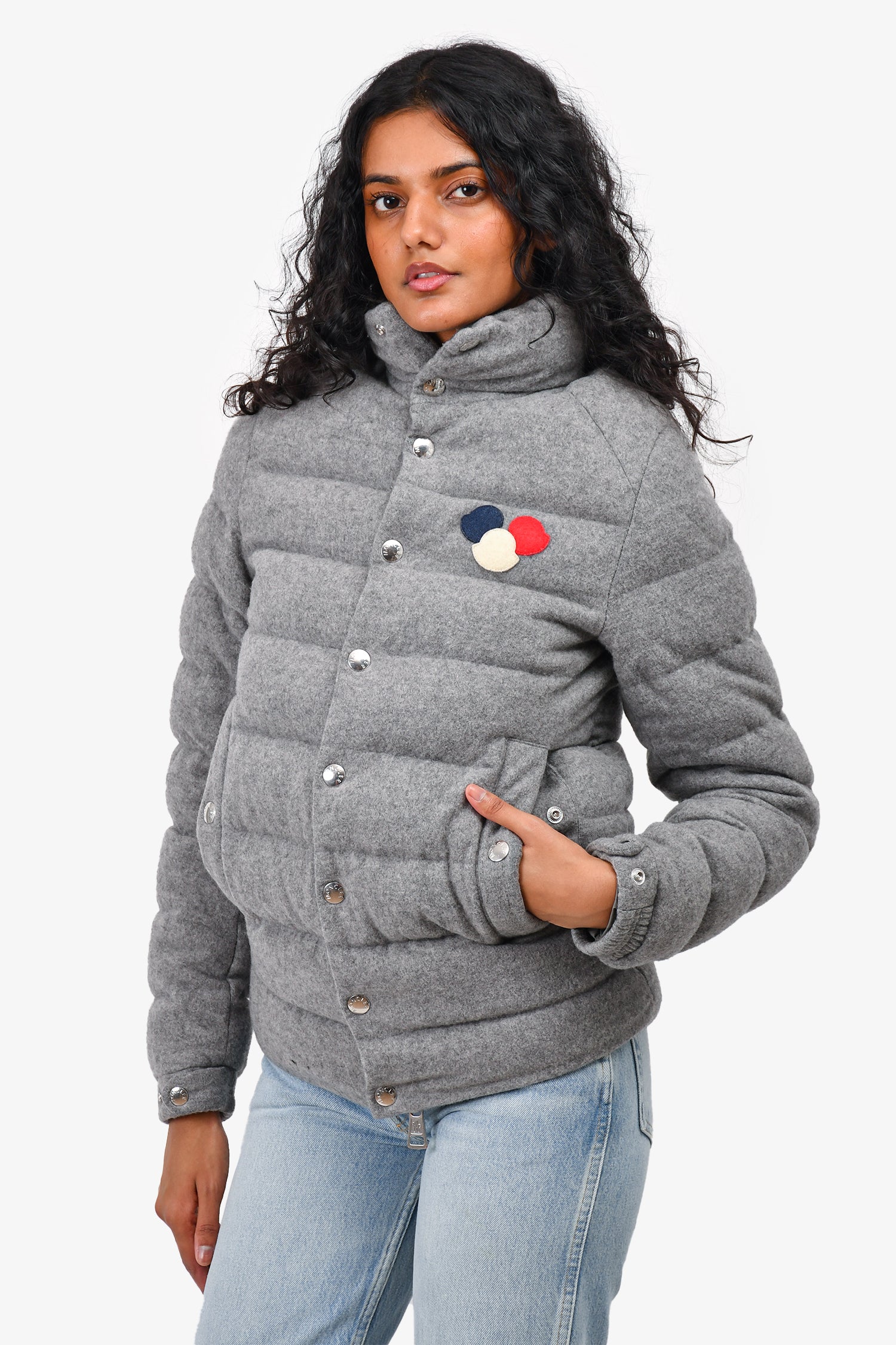 Moncler Grey Wool Breval Guibbotto Zip Up Down Jacket Size 1