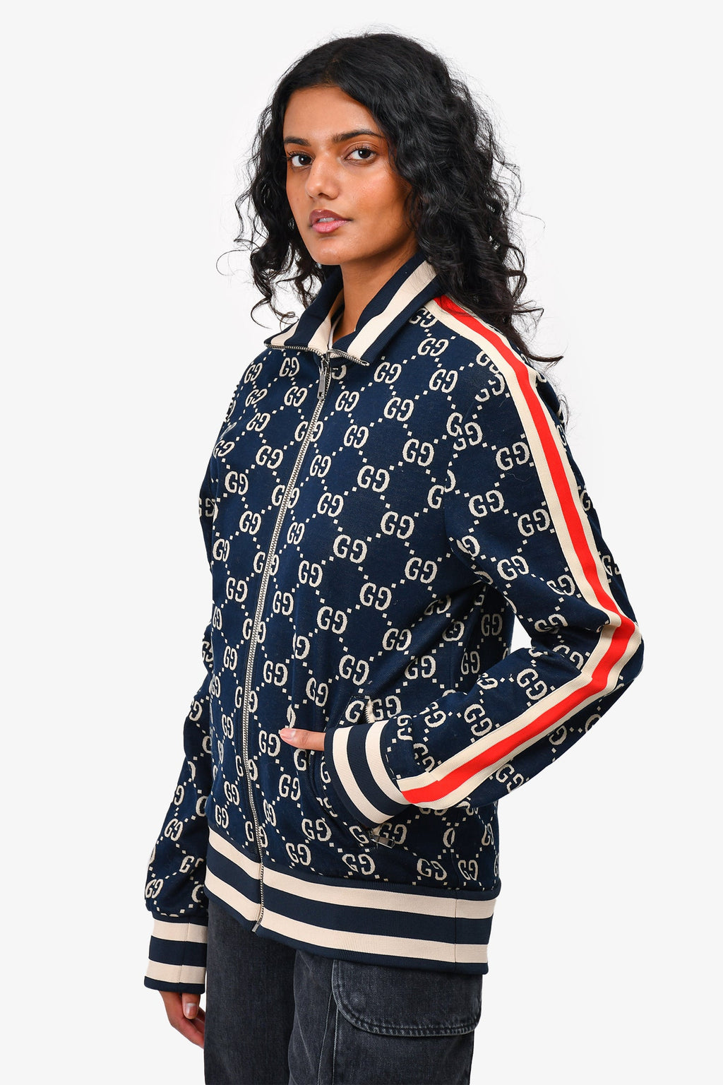 Gucci Navy Monogram Zip Up Jacket Size S