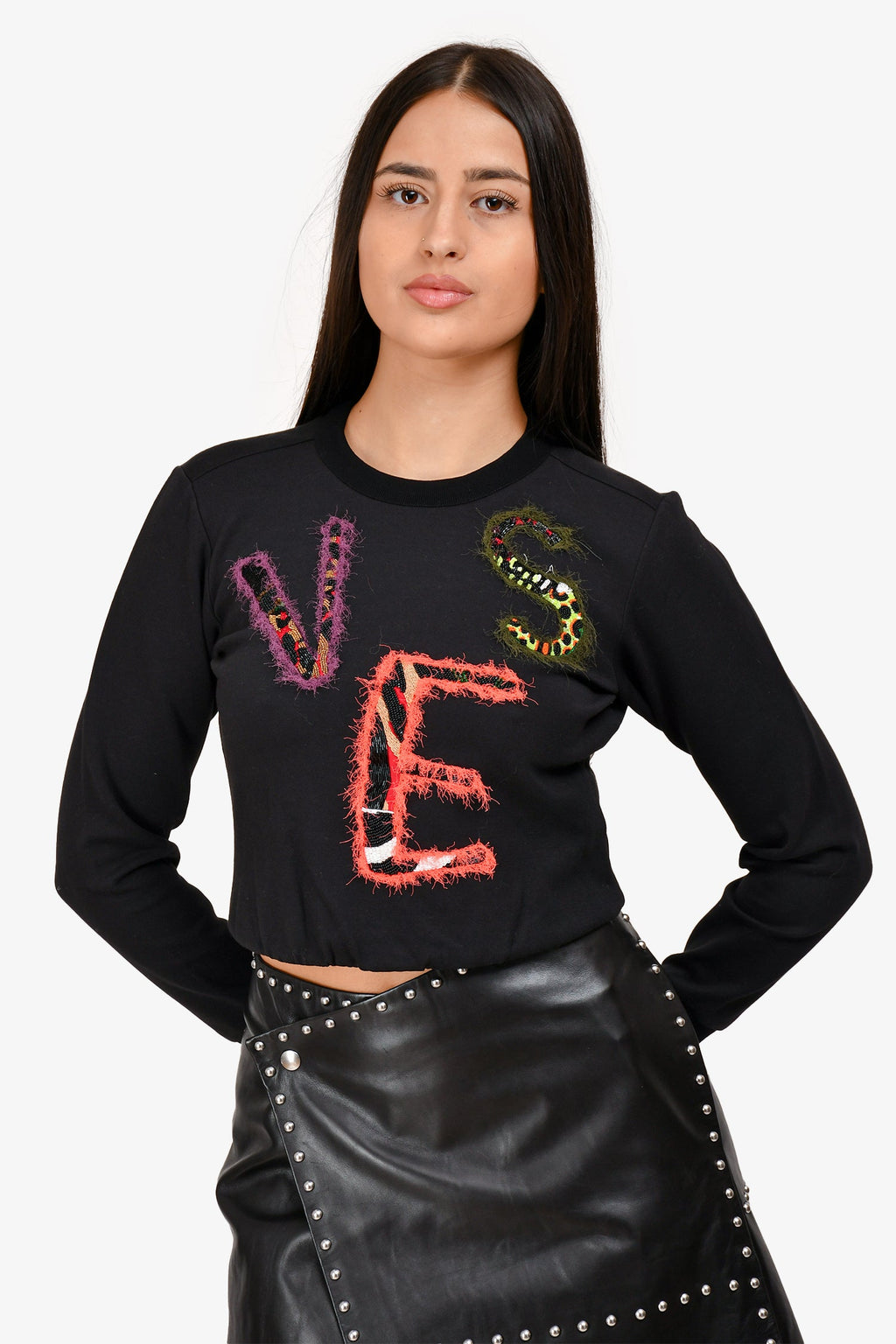 Versace Black Beaded Logo Crewneck Sweater Size 38