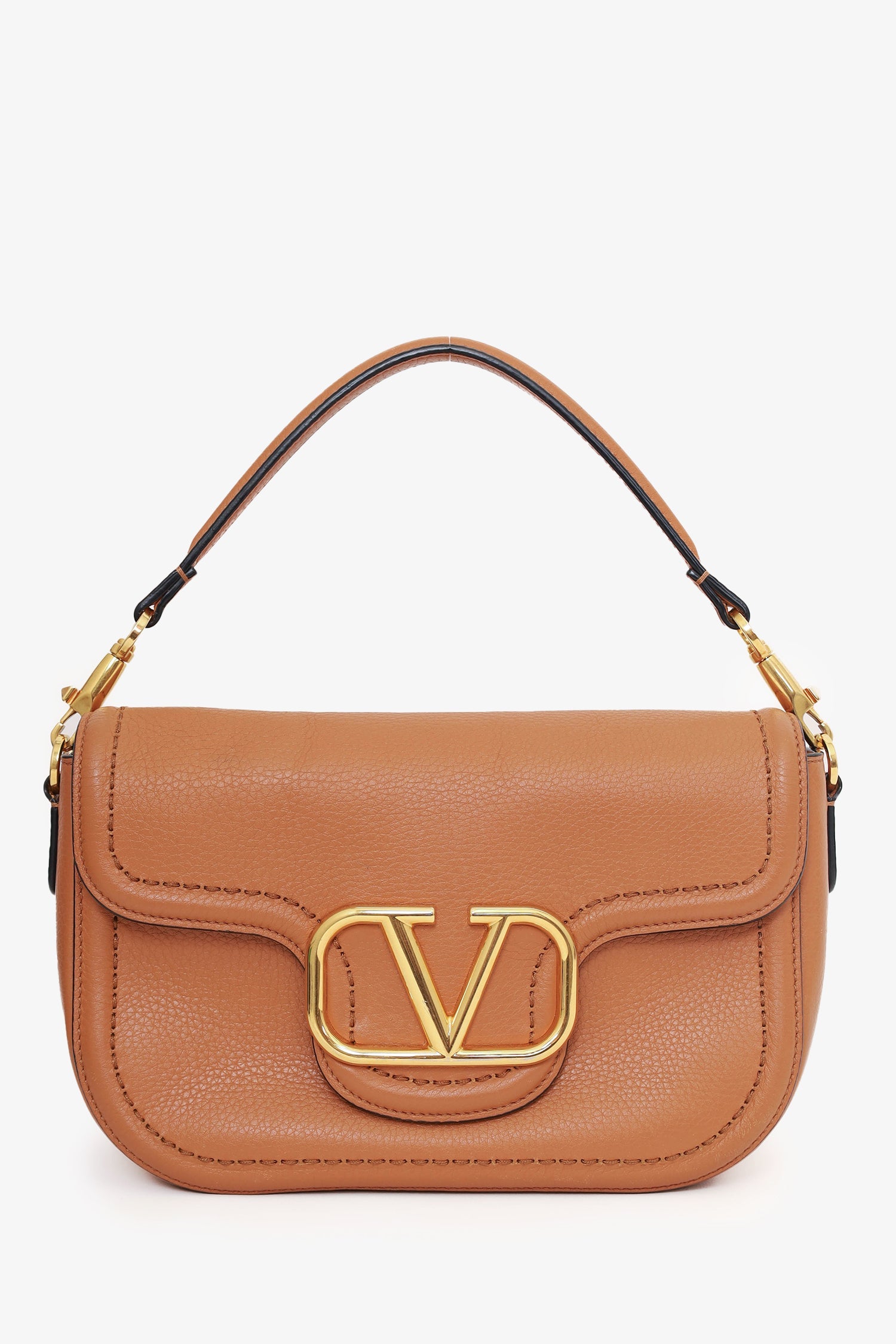 Valentino Brown Leather Alltime V-Logo Shoulder Bag